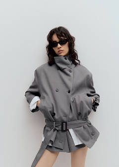 Trench coat with funnel neck and belt — Grey 12