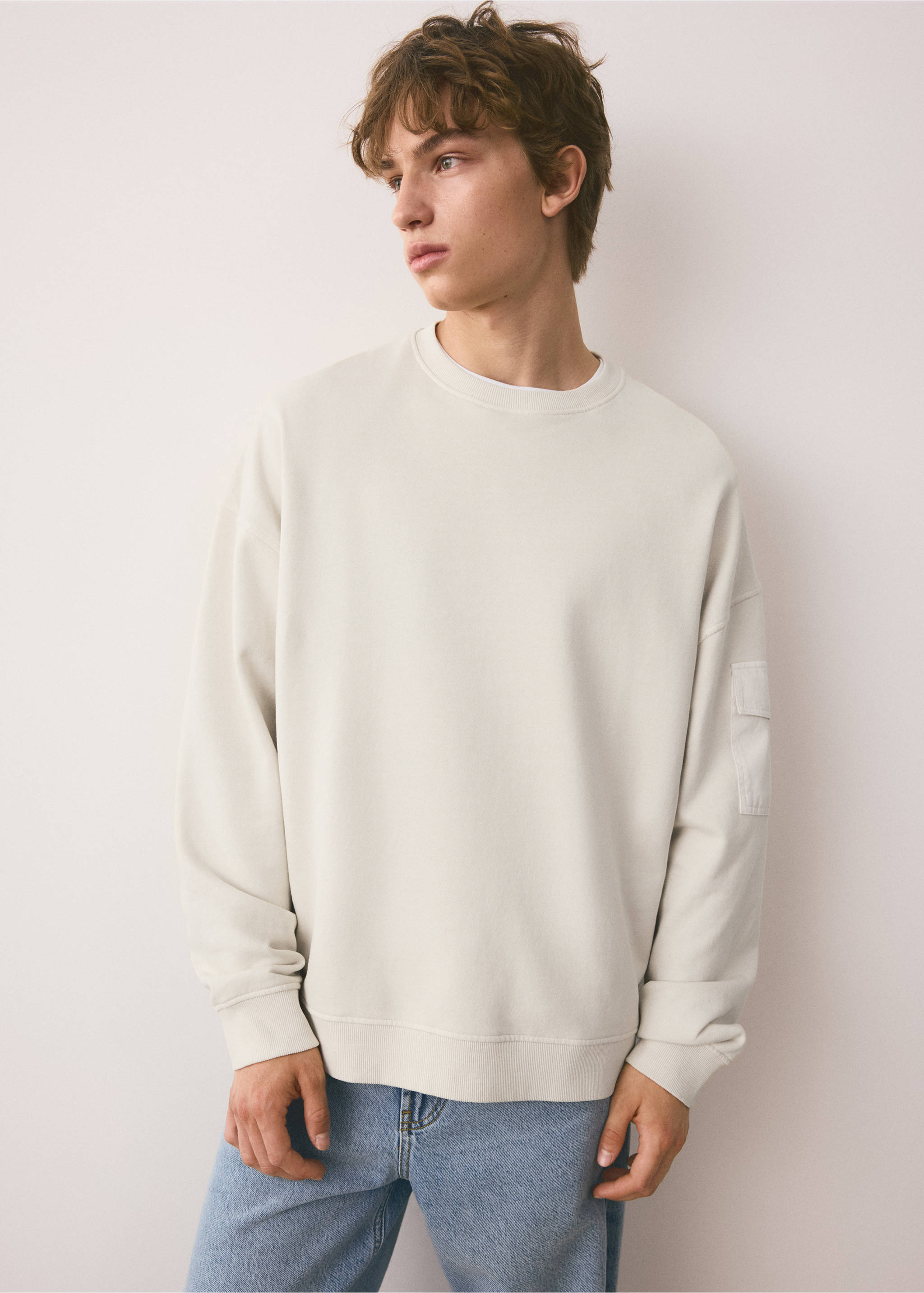 Embroidered detail cotton sweatshirt - Medium plane, Ivory White. Ref: 37024795-00.