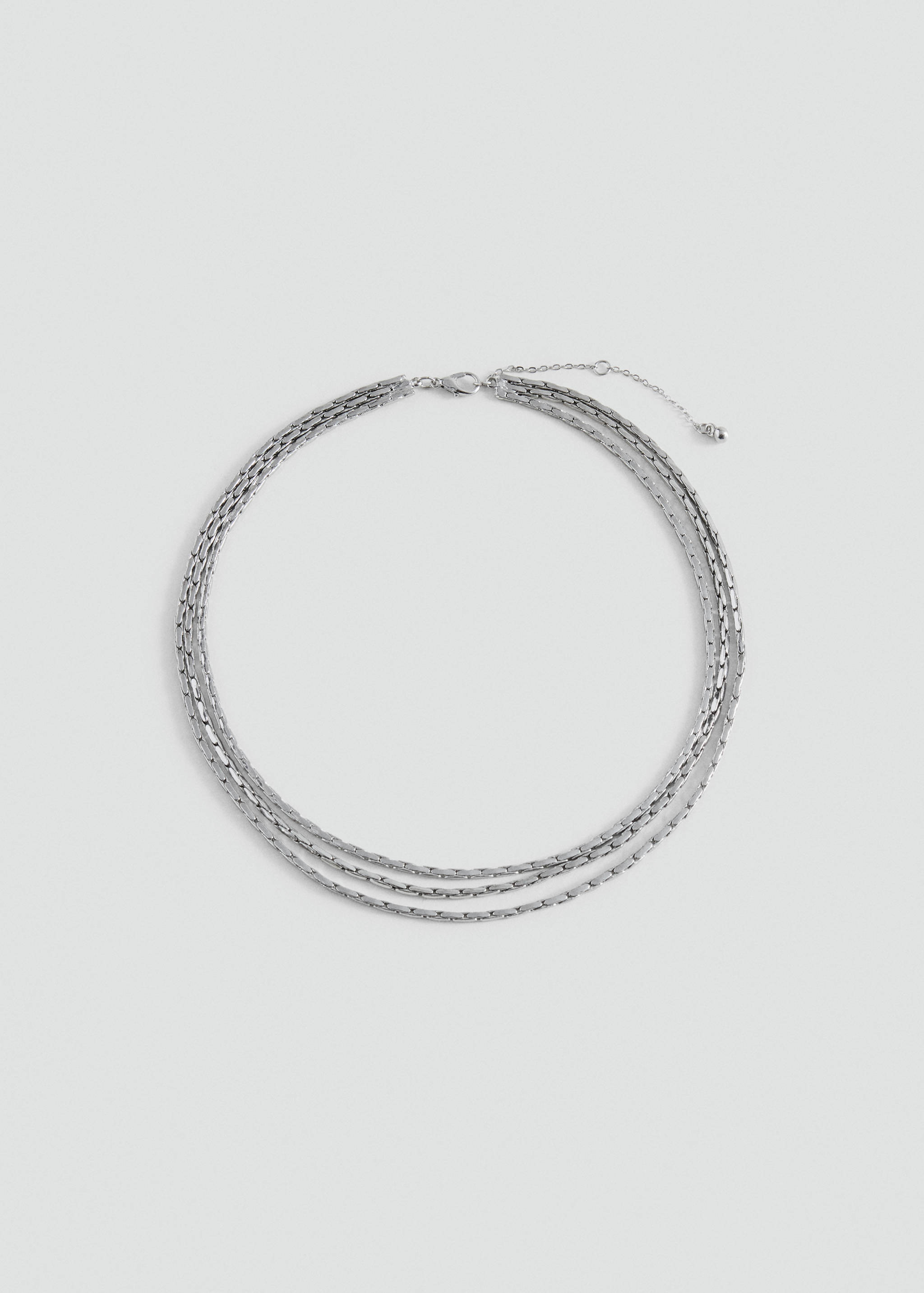 Multi-strand silver-coloured collar necklace with textured links.