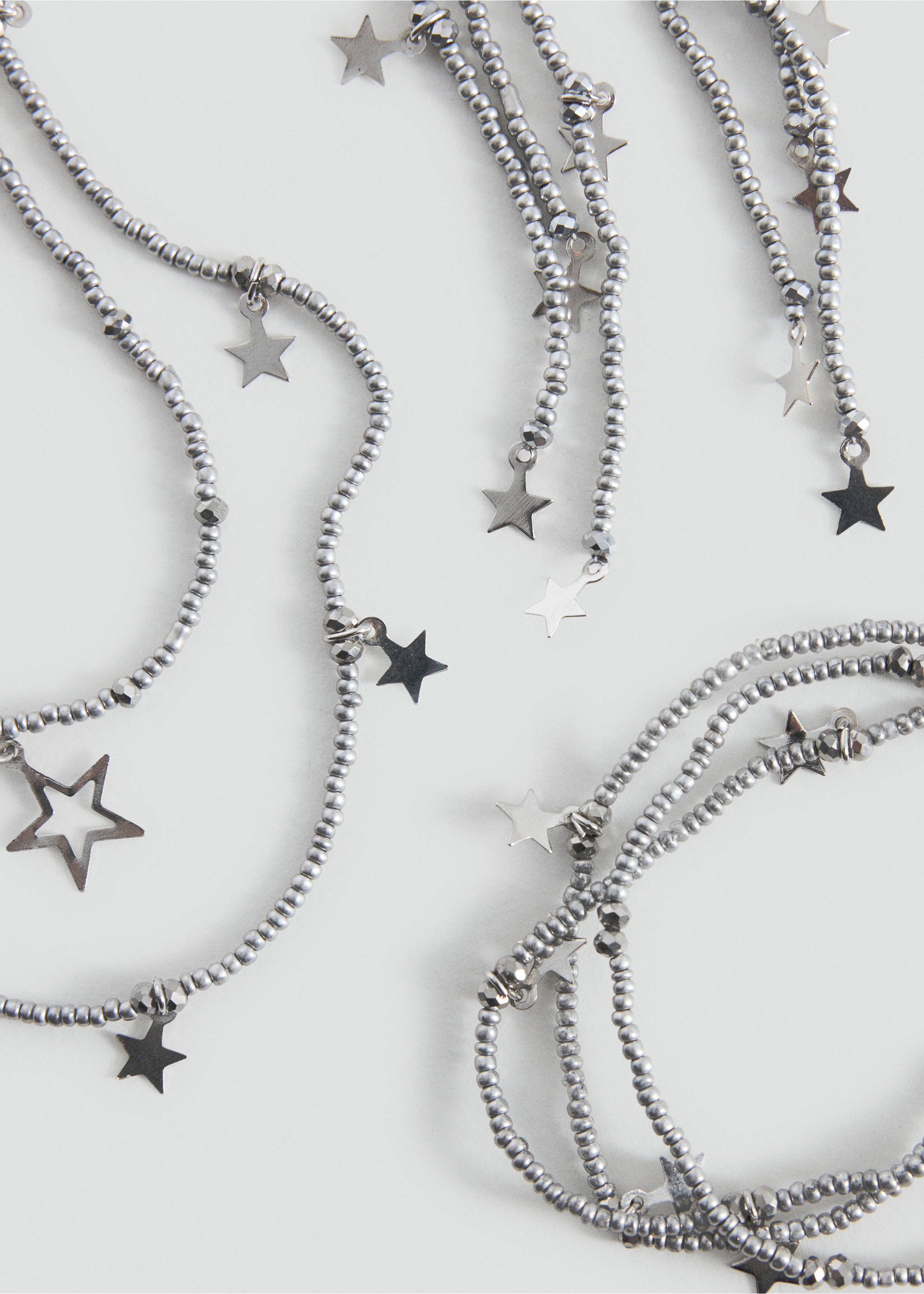 Silver beaded collar necklace with hanging star charms., Silver. Ref: 37025195-00.