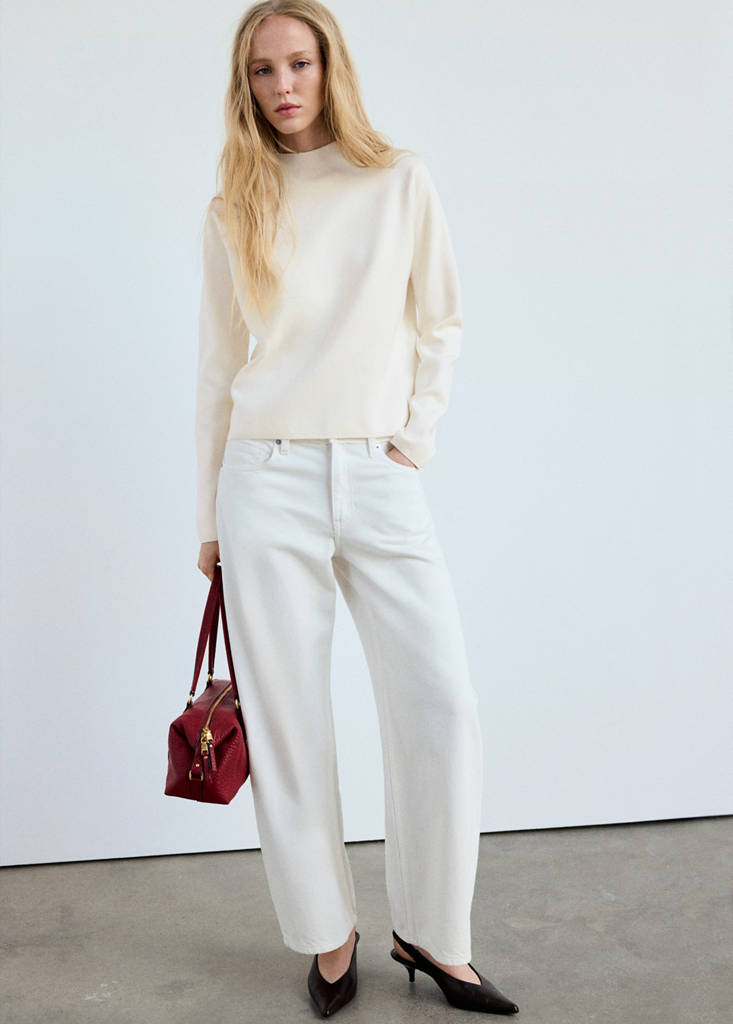 Knitted sweater with perkins neck — Ecru