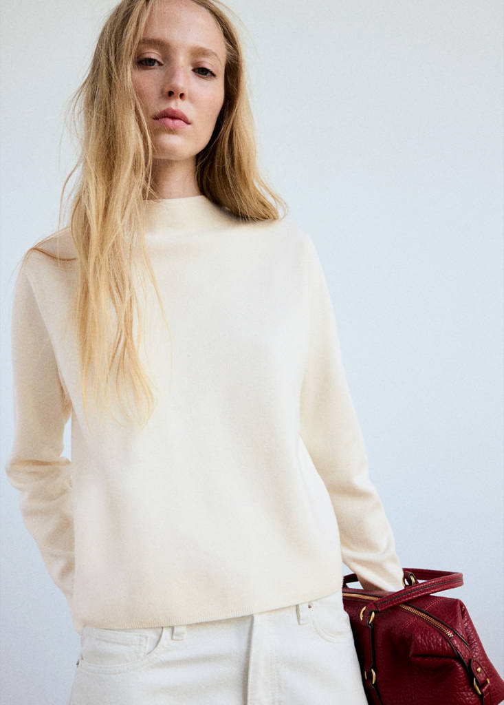 Knitted sweater with perkins neck — Ecru