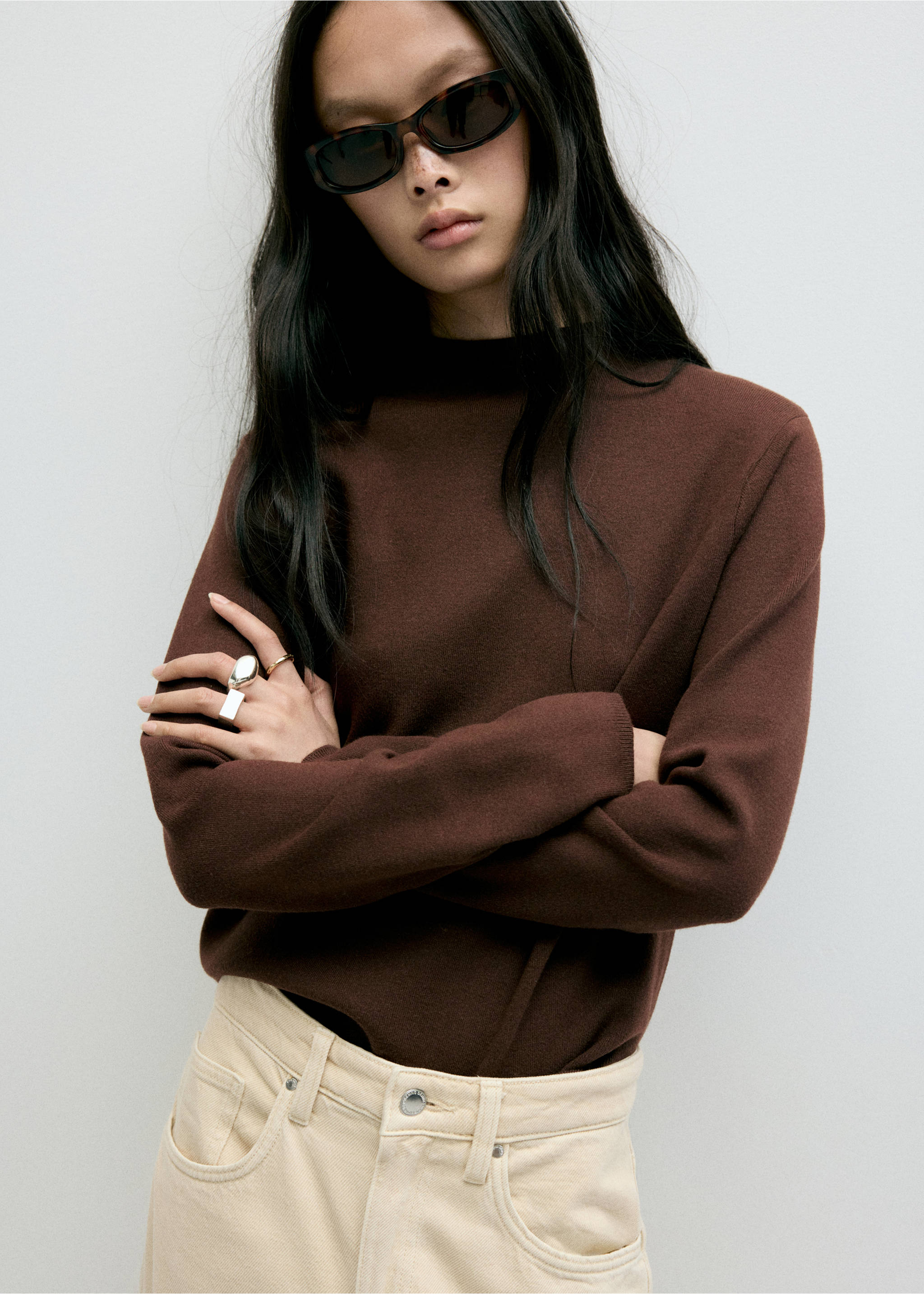 Knitted sweater with perkins neck - Medium plane, Chocolate. Ref: 37025838-00.