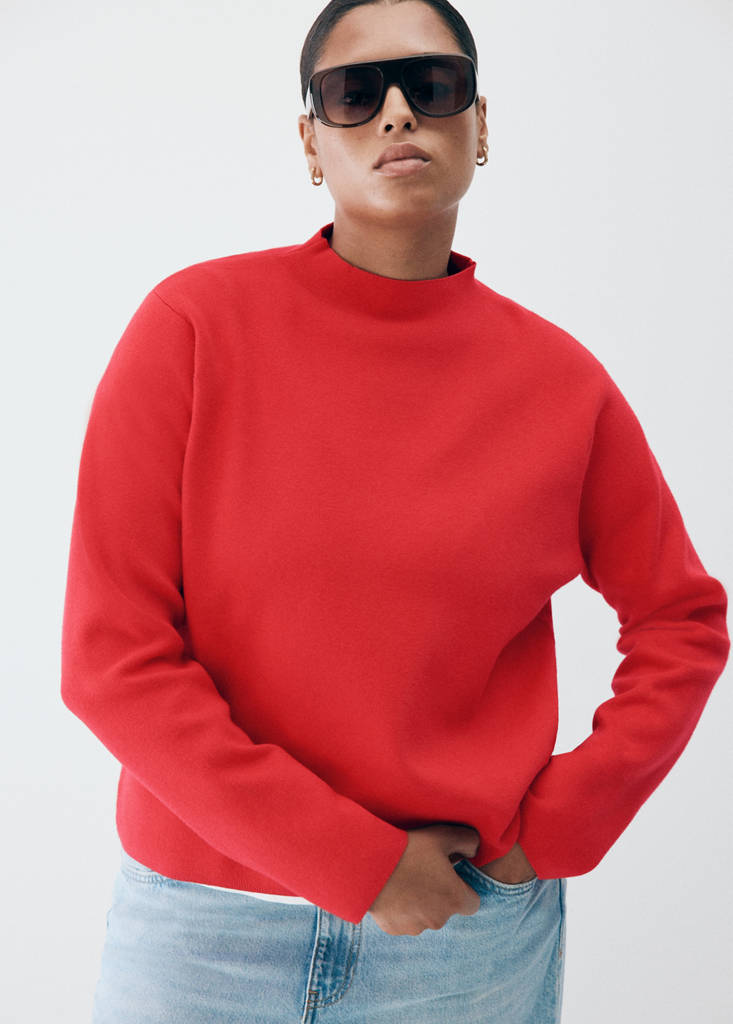 Knitted sweater with perkins neck — Red