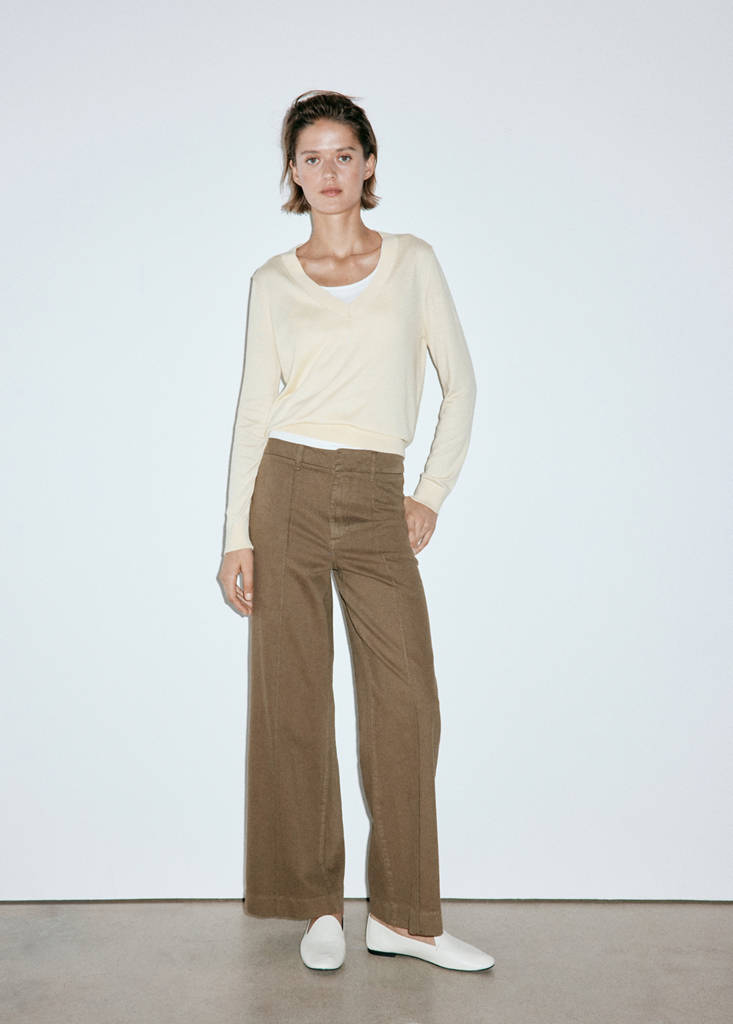 High-waisted wide leg jeans with stitching — Khaki