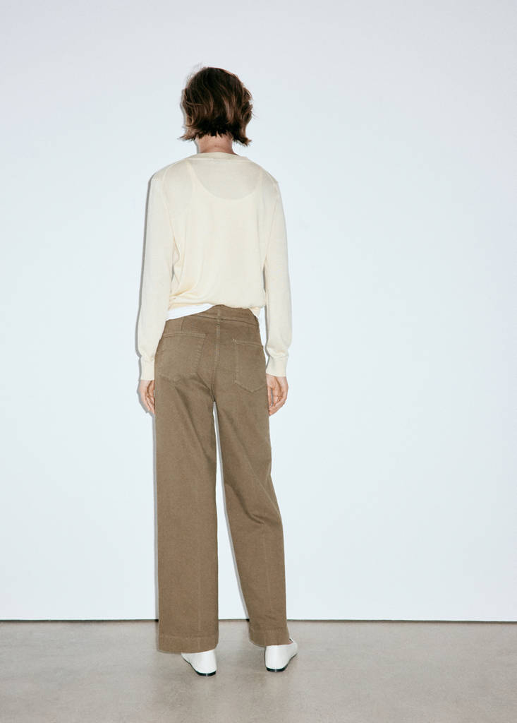 High-waisted wide leg jeans with stitching — Khaki