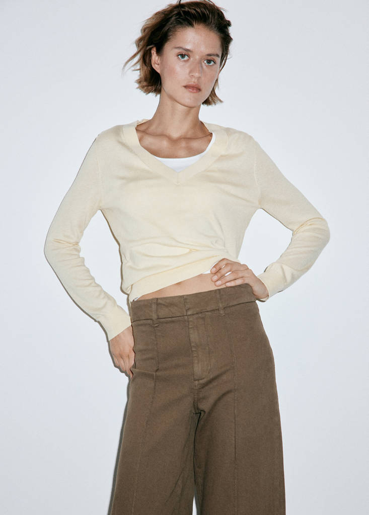 High-waisted wide leg jeans with stitching — Khaki