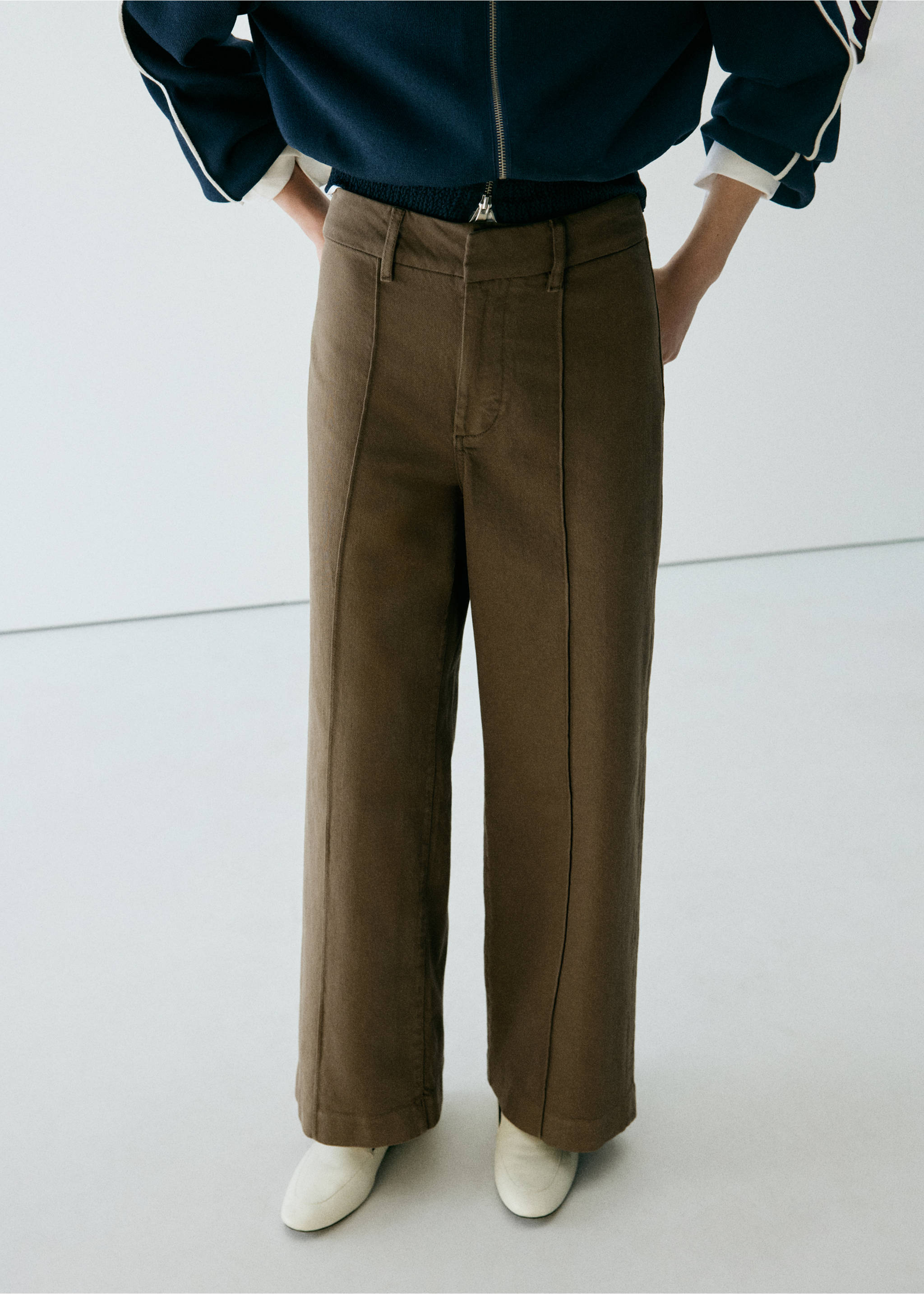 High-waisted wide leg jeans with stitching - Medium plane, Khaki. Ref: 37025844-01.
