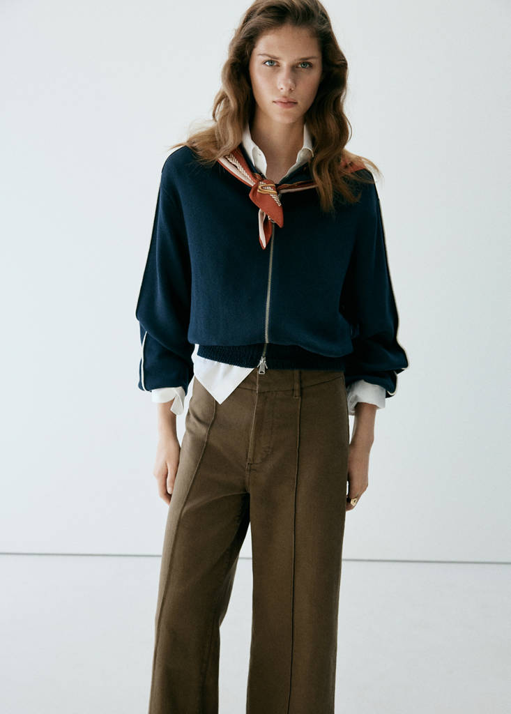 High-waisted wide leg jeans with stitching — Khaki