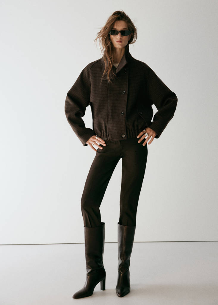 Checked jacket with funnel neck