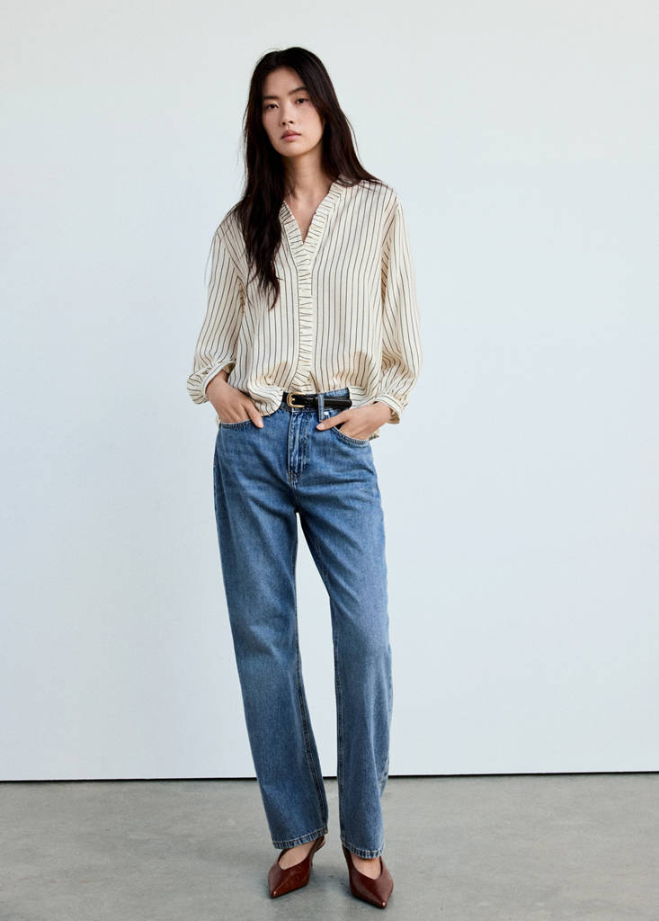 Striped blouse with frill detail — Ecru