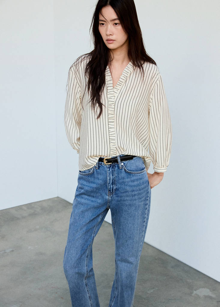 Striped blouse with frill detail — Ecru