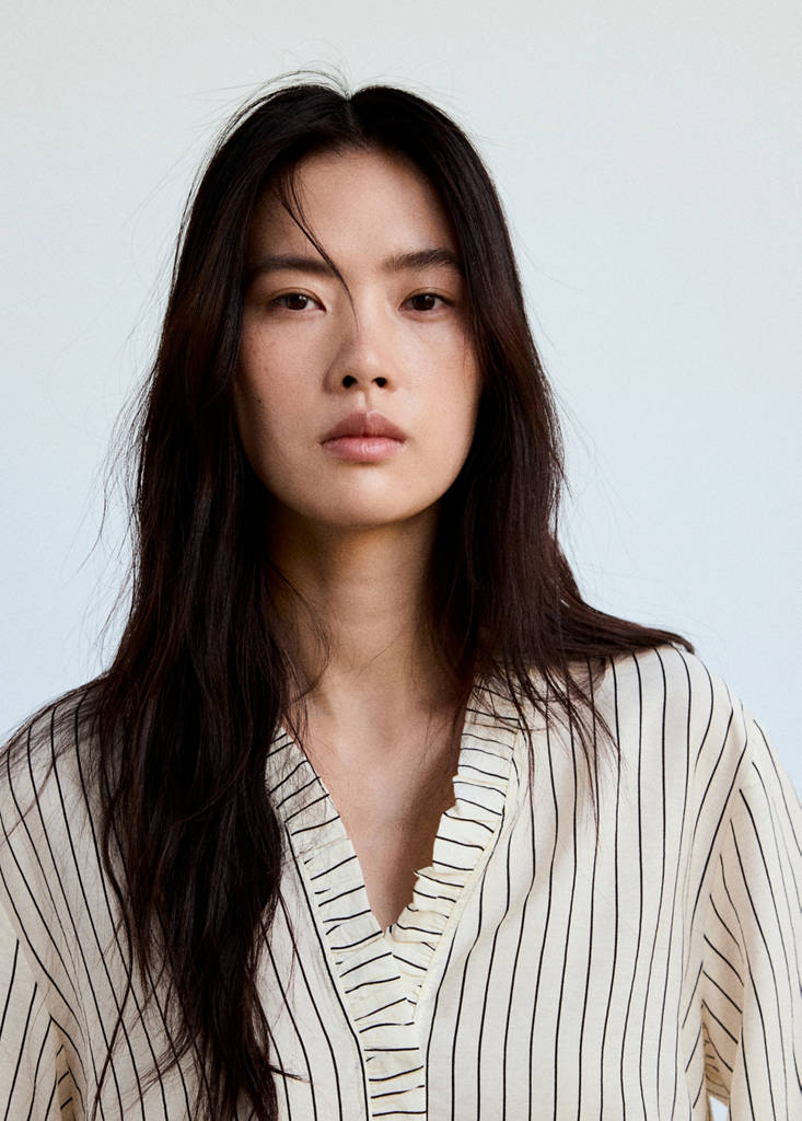 Striped blouse with frill detail — Ecru