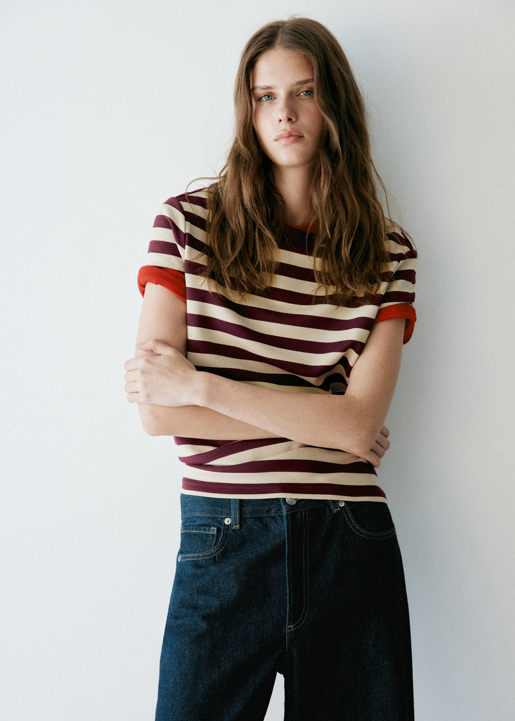 Striped short-sleeved t-shirt - Medium plane, Maroon. Ref: 37025853-00.