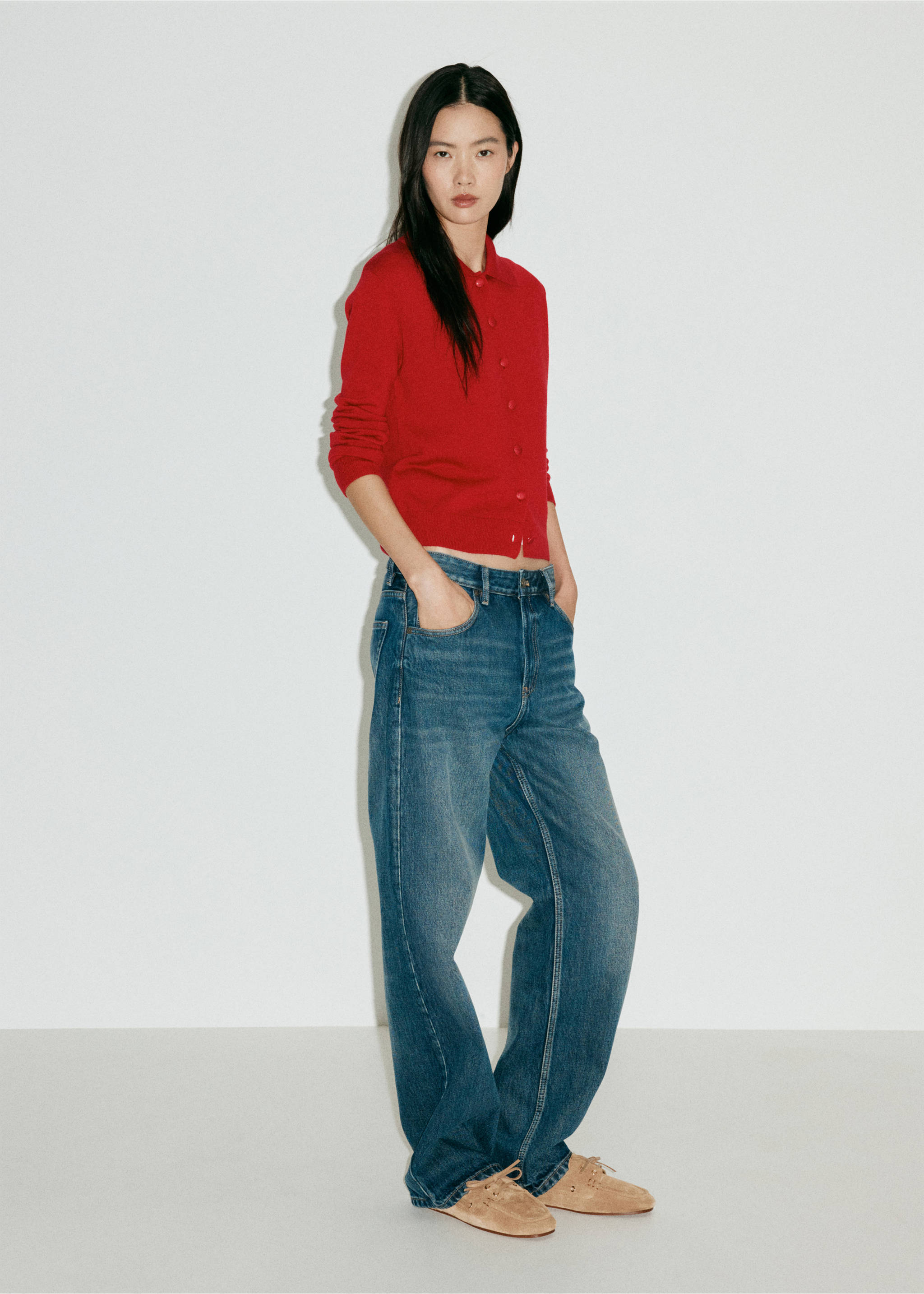 Cardigan de botões com gola de lapela - Plano geral, Vermelho. Ref: 37025854-00.