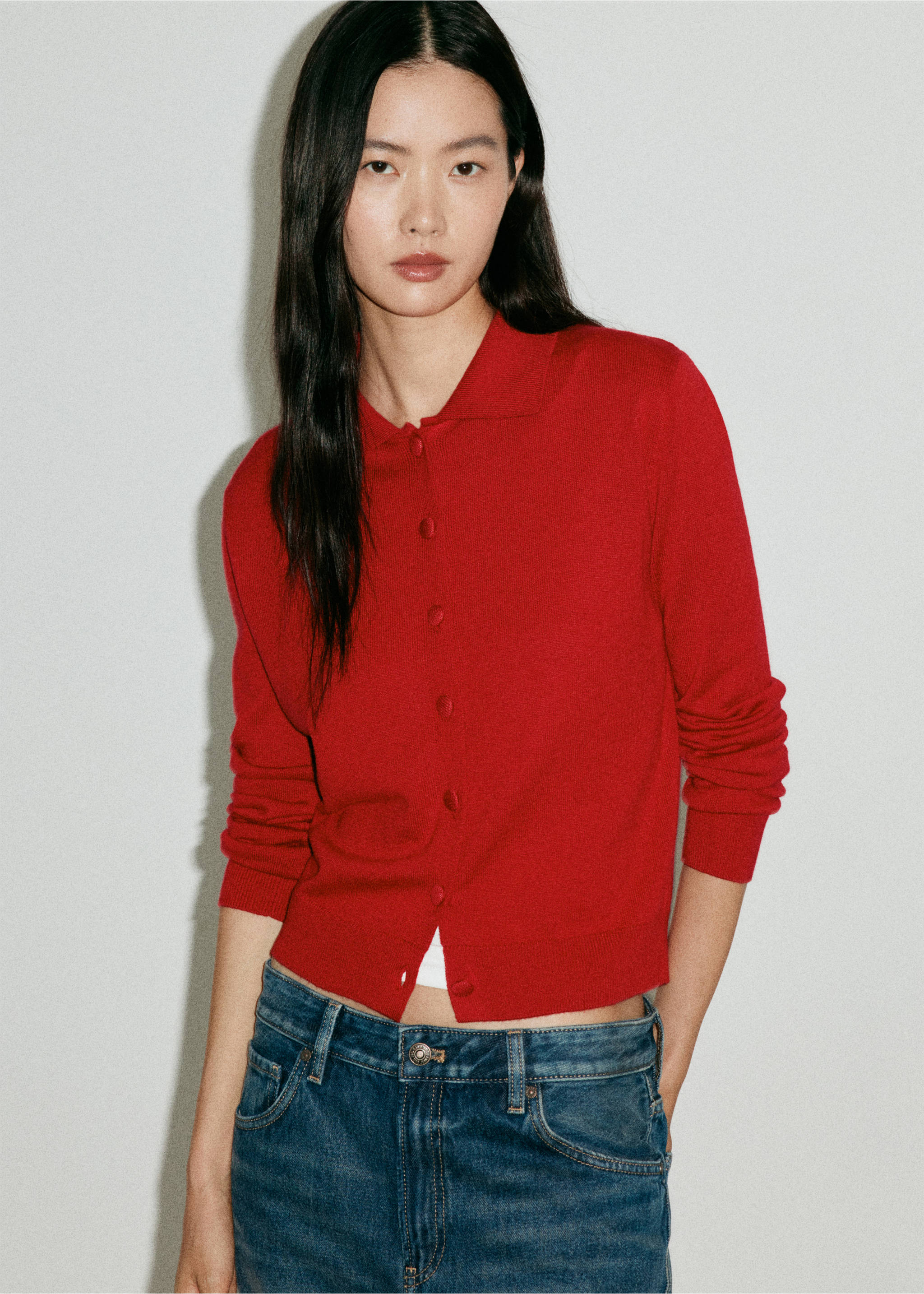Cardigan de botões com gola de lapela - Plano médio, Vermelho. Ref: 37025854-00.