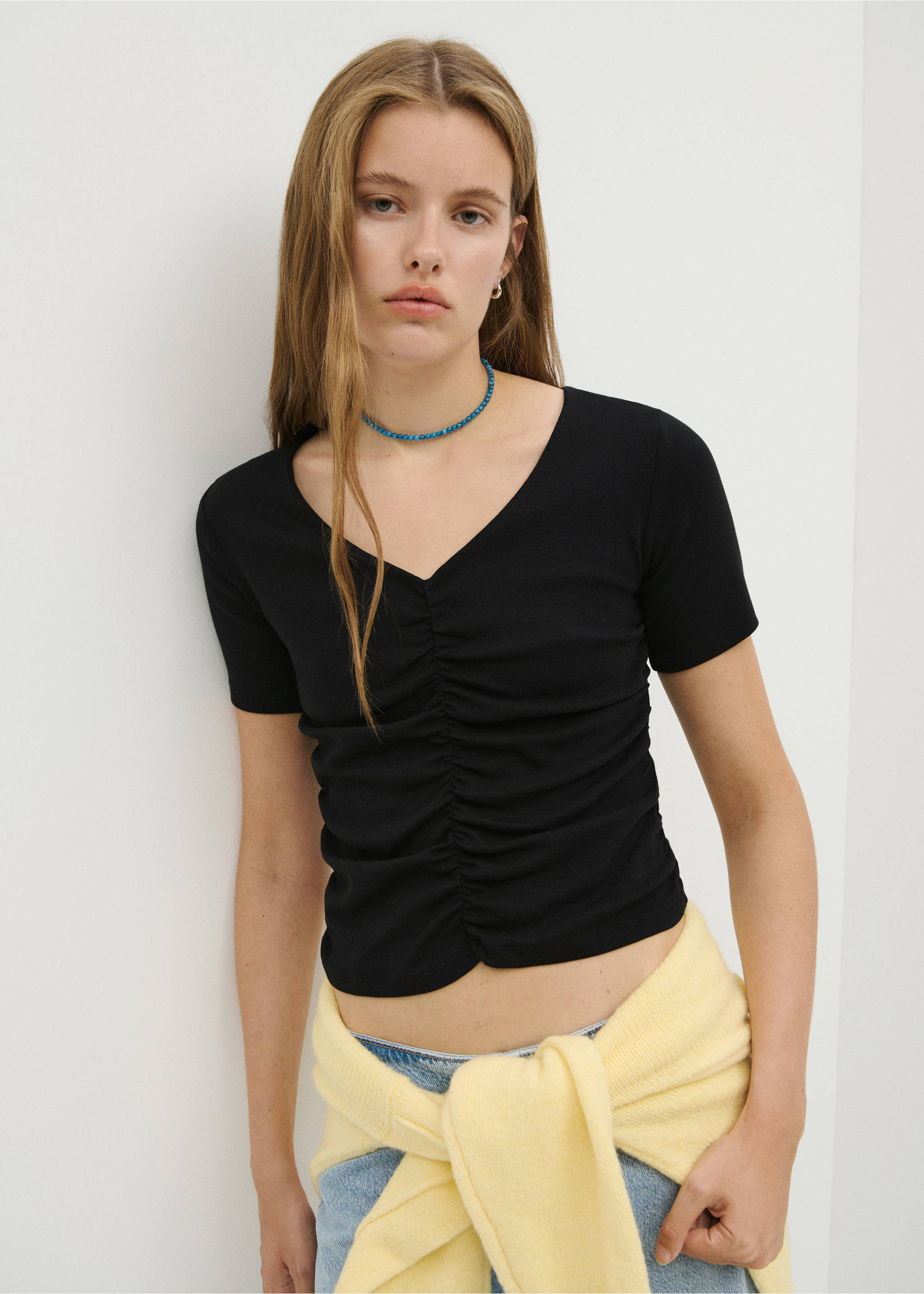 Draped cotton T-shirt - Medium plane, Black. Ref: 37025862-00.