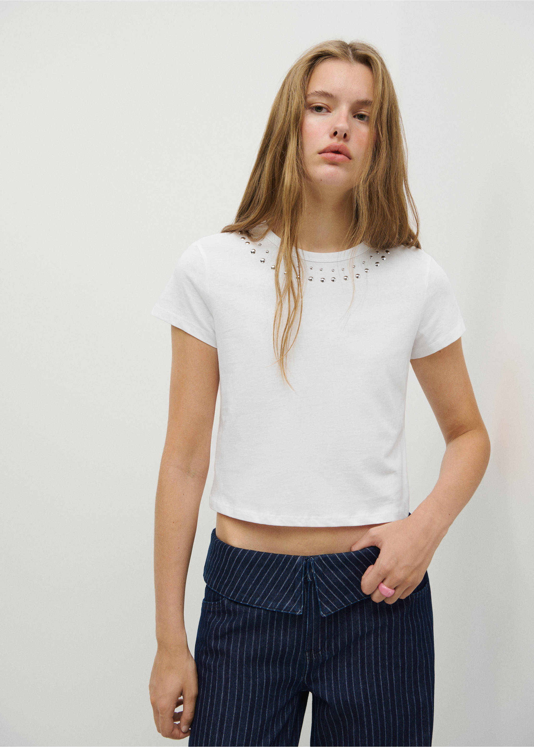 Cotton t-shirt with studs - Medium plane, Off White. Ref: 37025867-00.