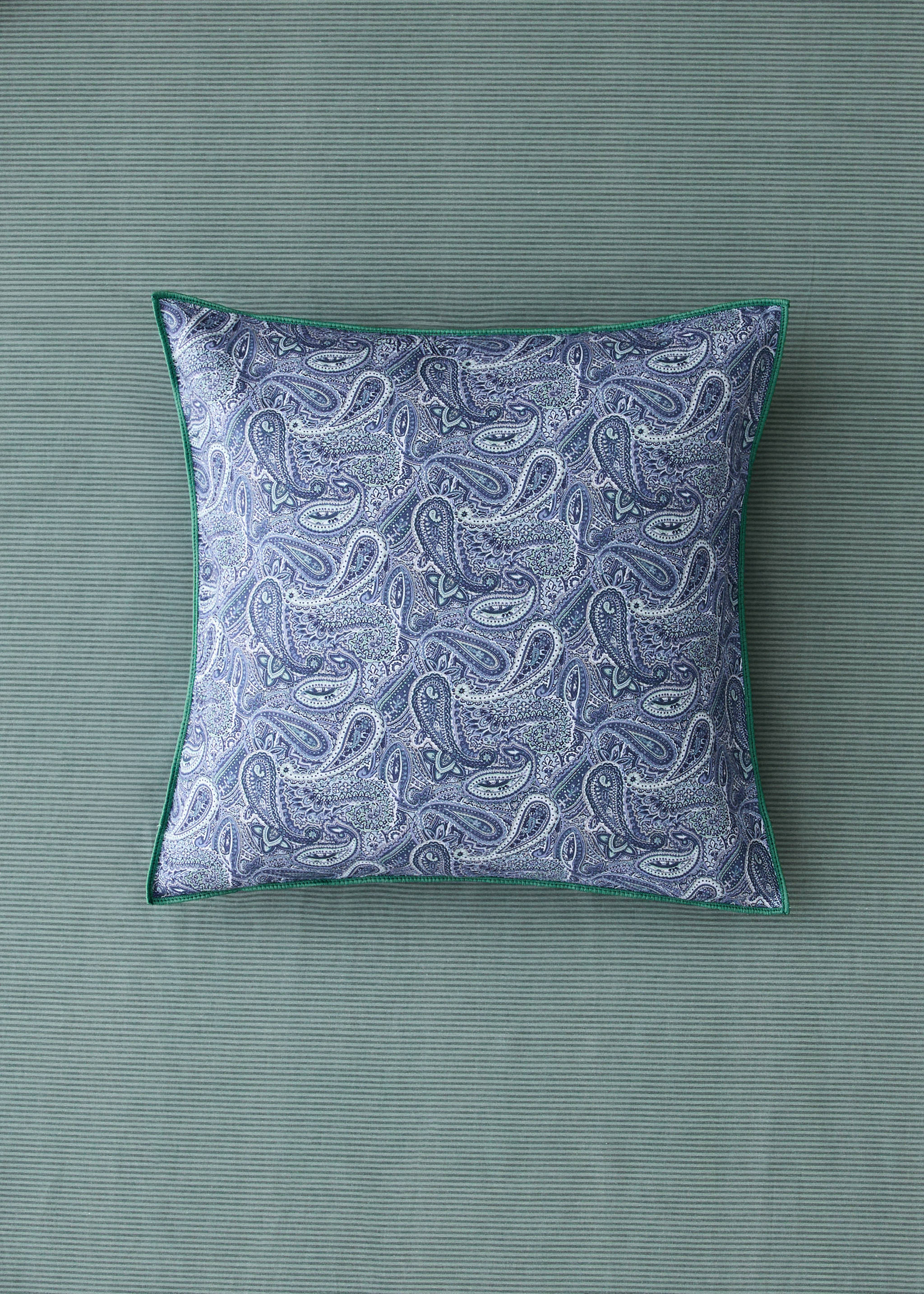 Blue and white paisley cushion cover with a green border.