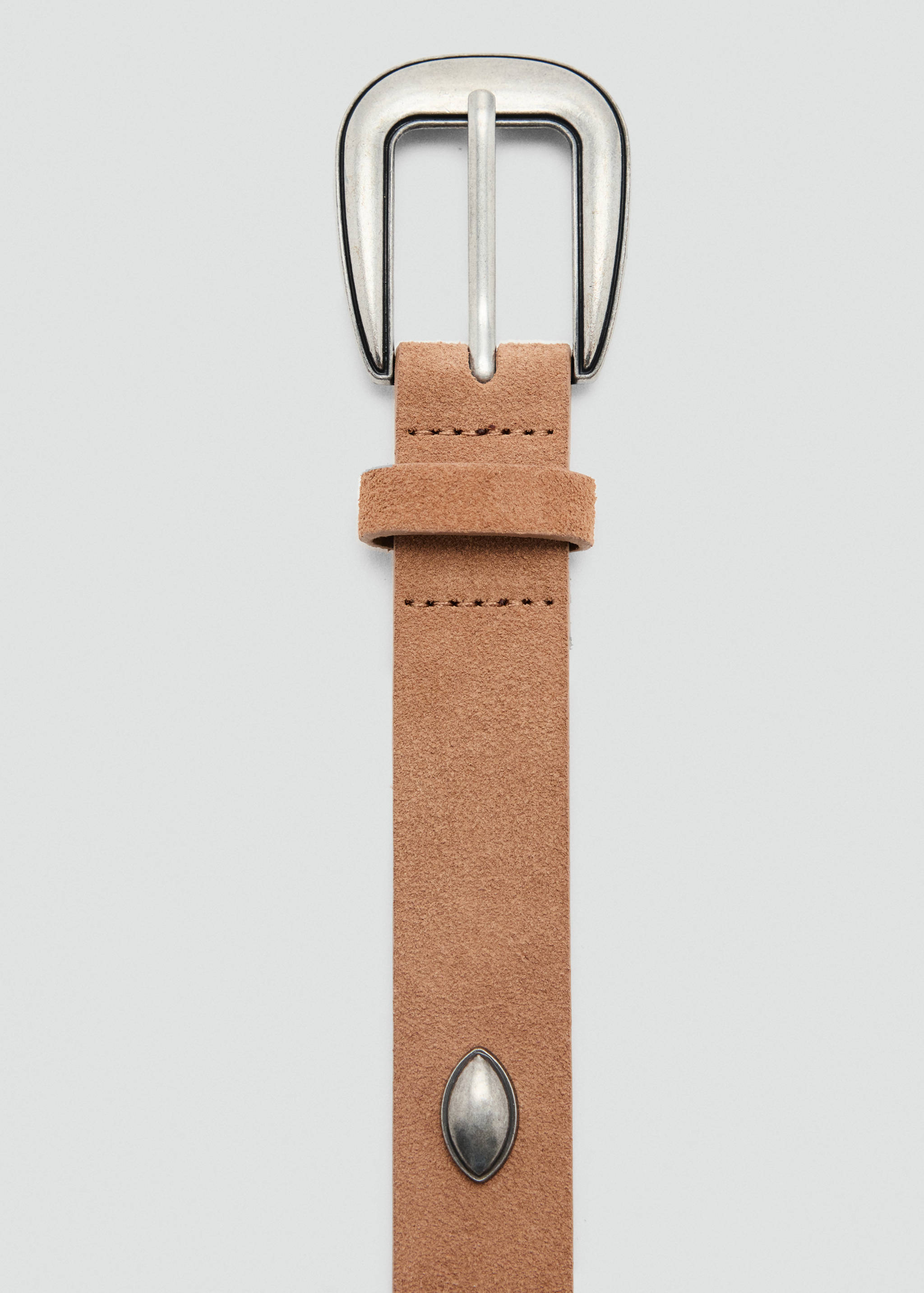 Brown suede belt detail with a silver-toned buckle.
