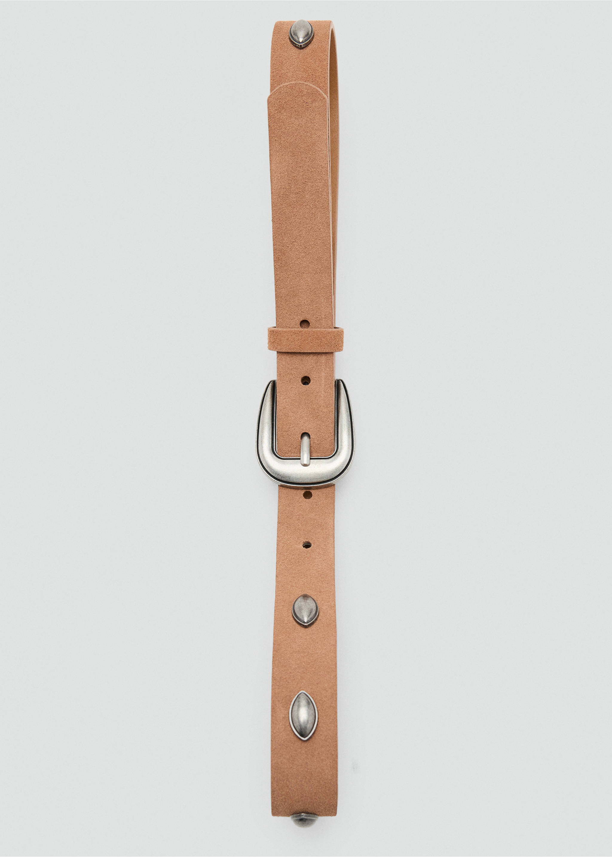 Light brown suede belt with a silver-toned metal buckle and stud details., Sand. Ref: 37025882-00.