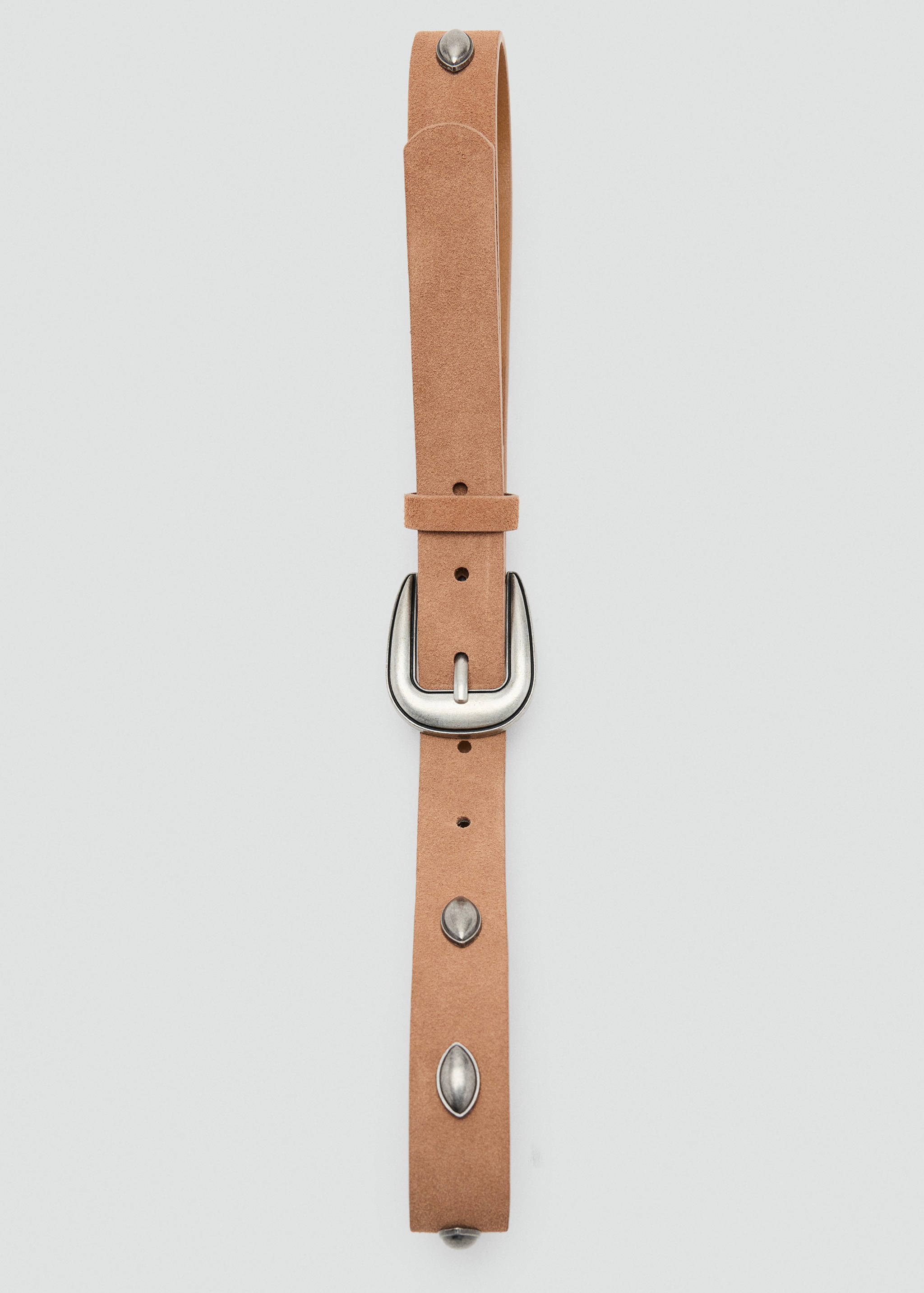 Light brown suede belt with a silver-toned metal buckle and stud details.