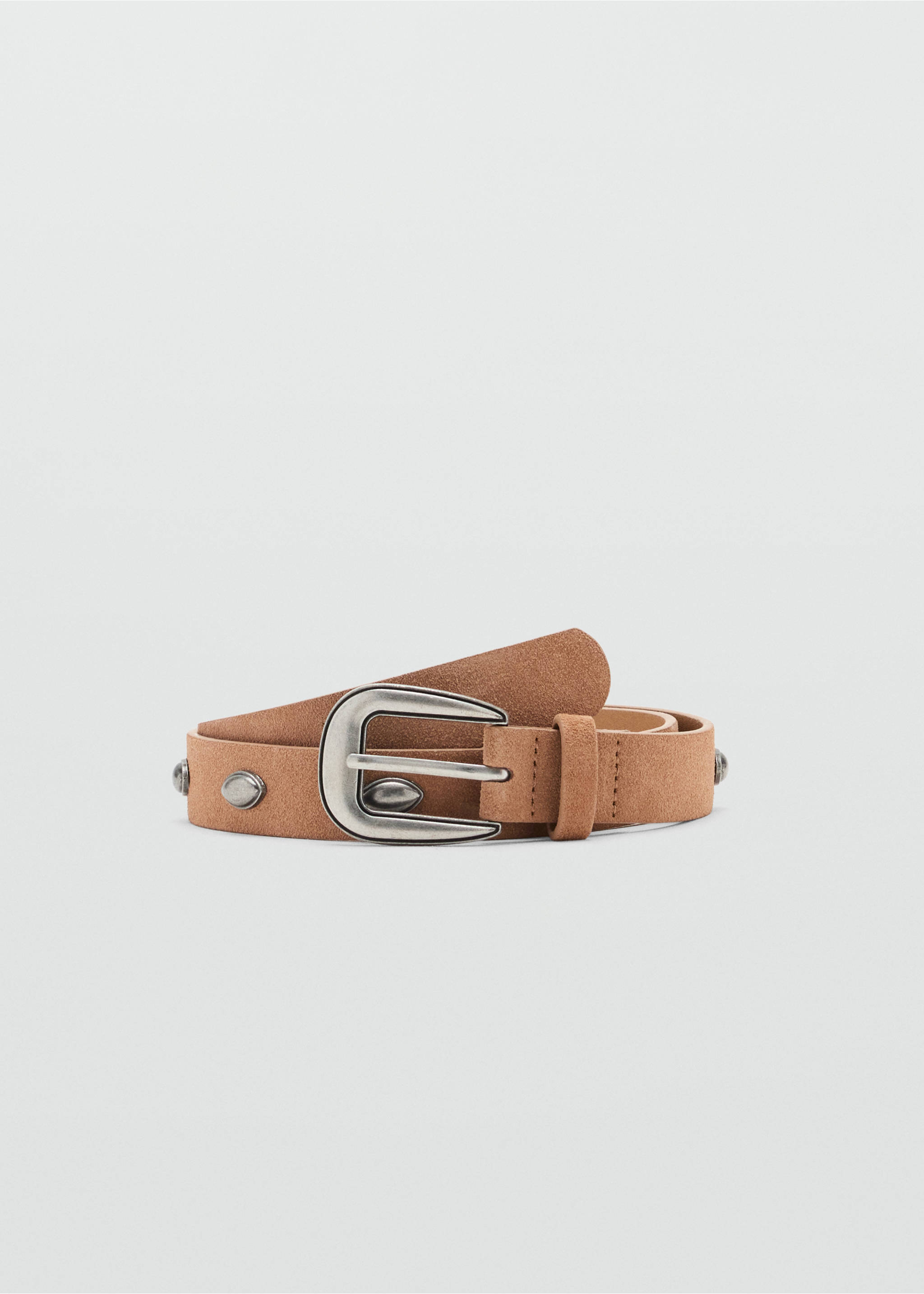Brown suede belt with an ornate silver metal buckle and metallic studs., Sand. Ref: 37025882-00.
