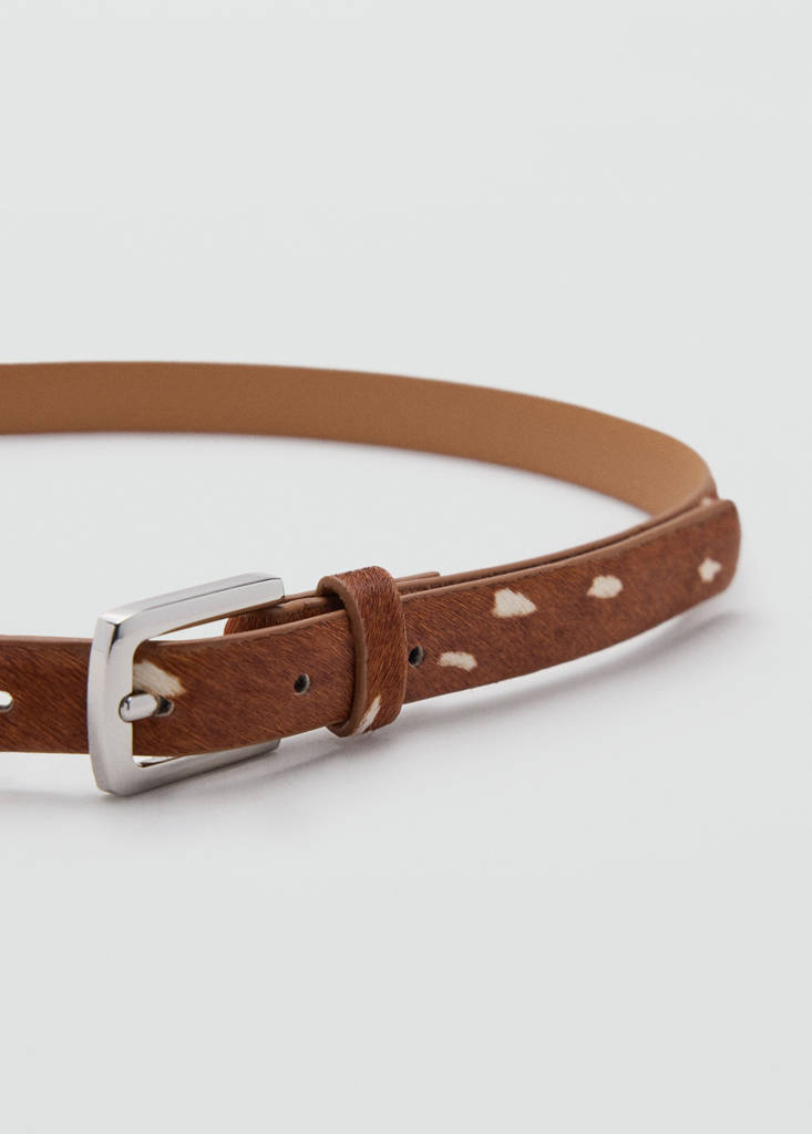 Leather belt with printed deer hide pattern — Brown