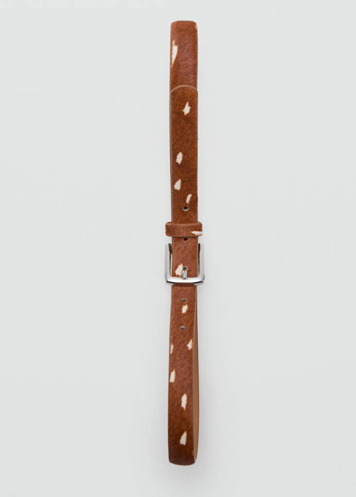 Leather belt with printed deer hide pattern — Brown