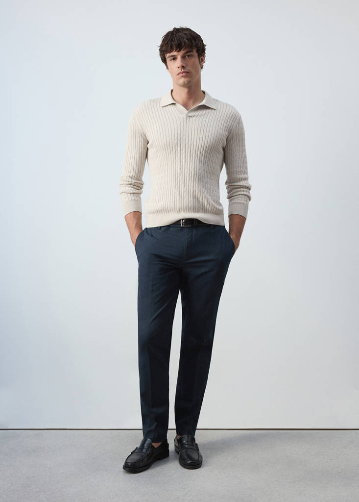 Cotton and lyocell blend polo shirt with cable-knit texture - thumbnail 8