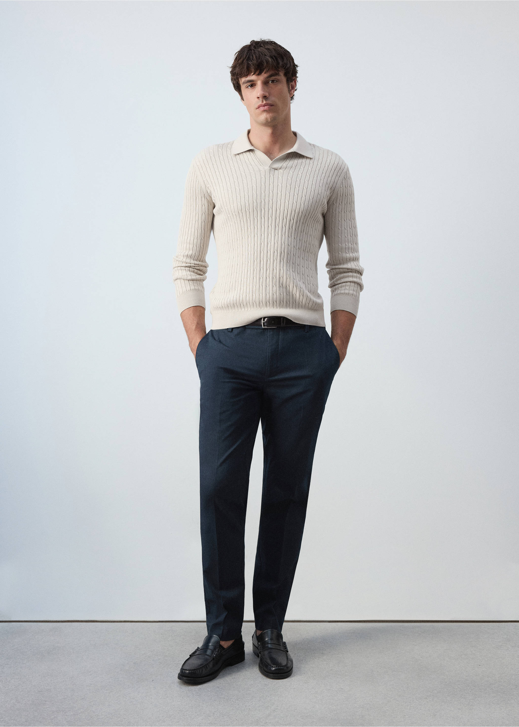 Cotton and lyocell blend polo shirt with cable-knit texture - General plane, Light/Pastel Grey. Ref: 37025982-00.