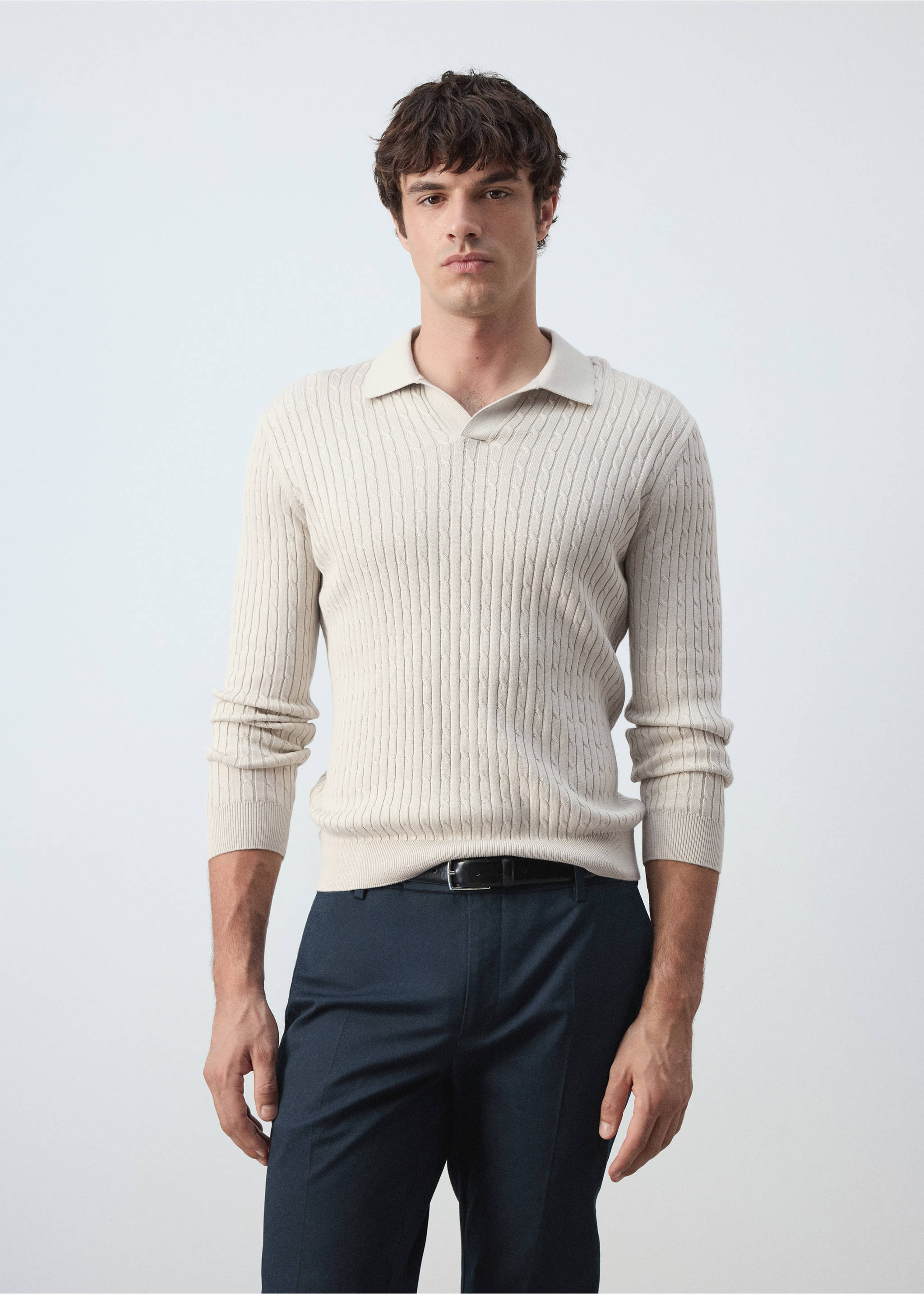 Cotton and lyocell blend polo shirt with cable-knit texture - Medium plane, Light/Pastel Grey. Ref: 37025982-00.