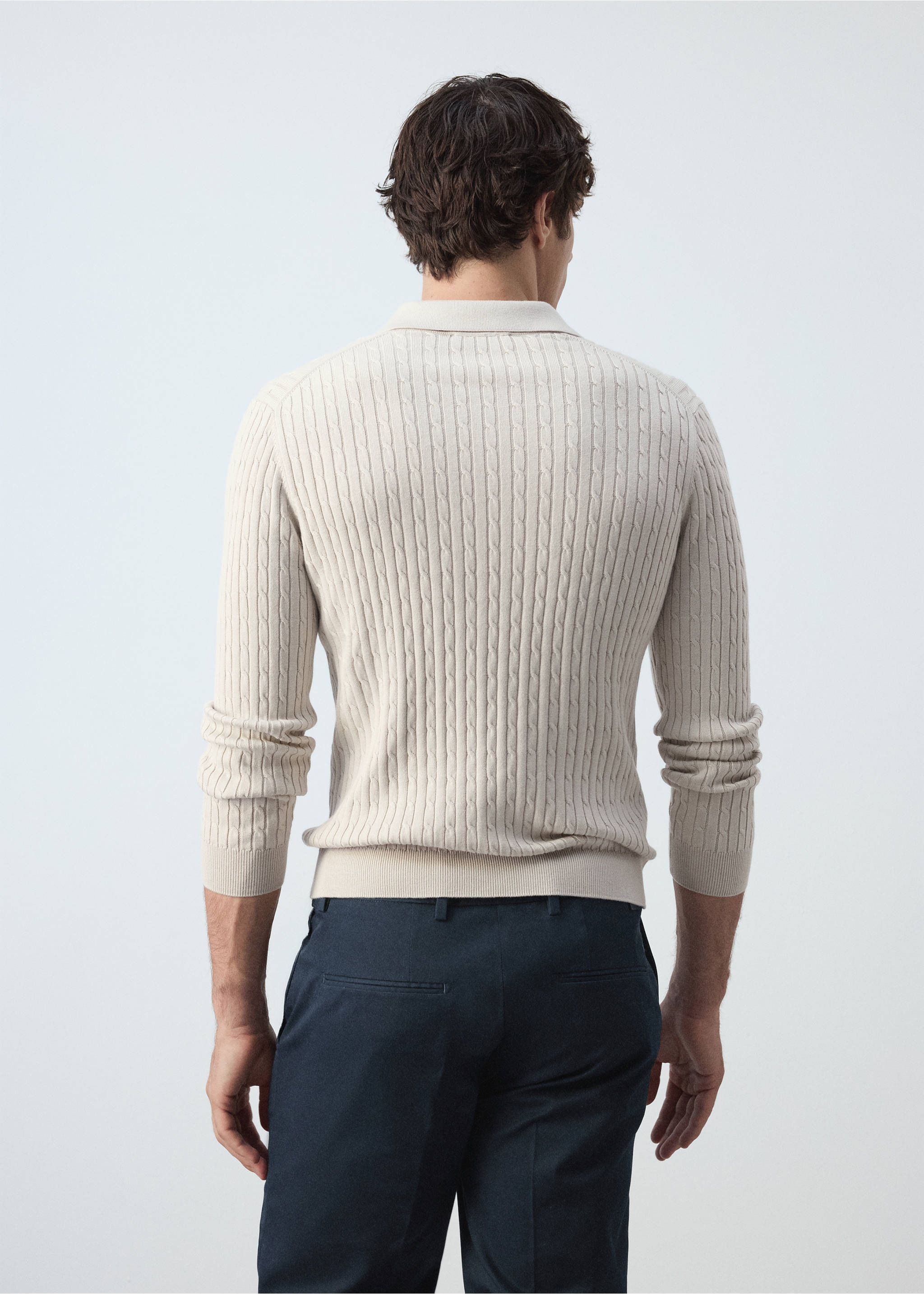 Cotton and lyocell blend polo shirt with cable-knit texture - Reverse of the article, Light/Pastel Grey. Ref: 37025982-00.