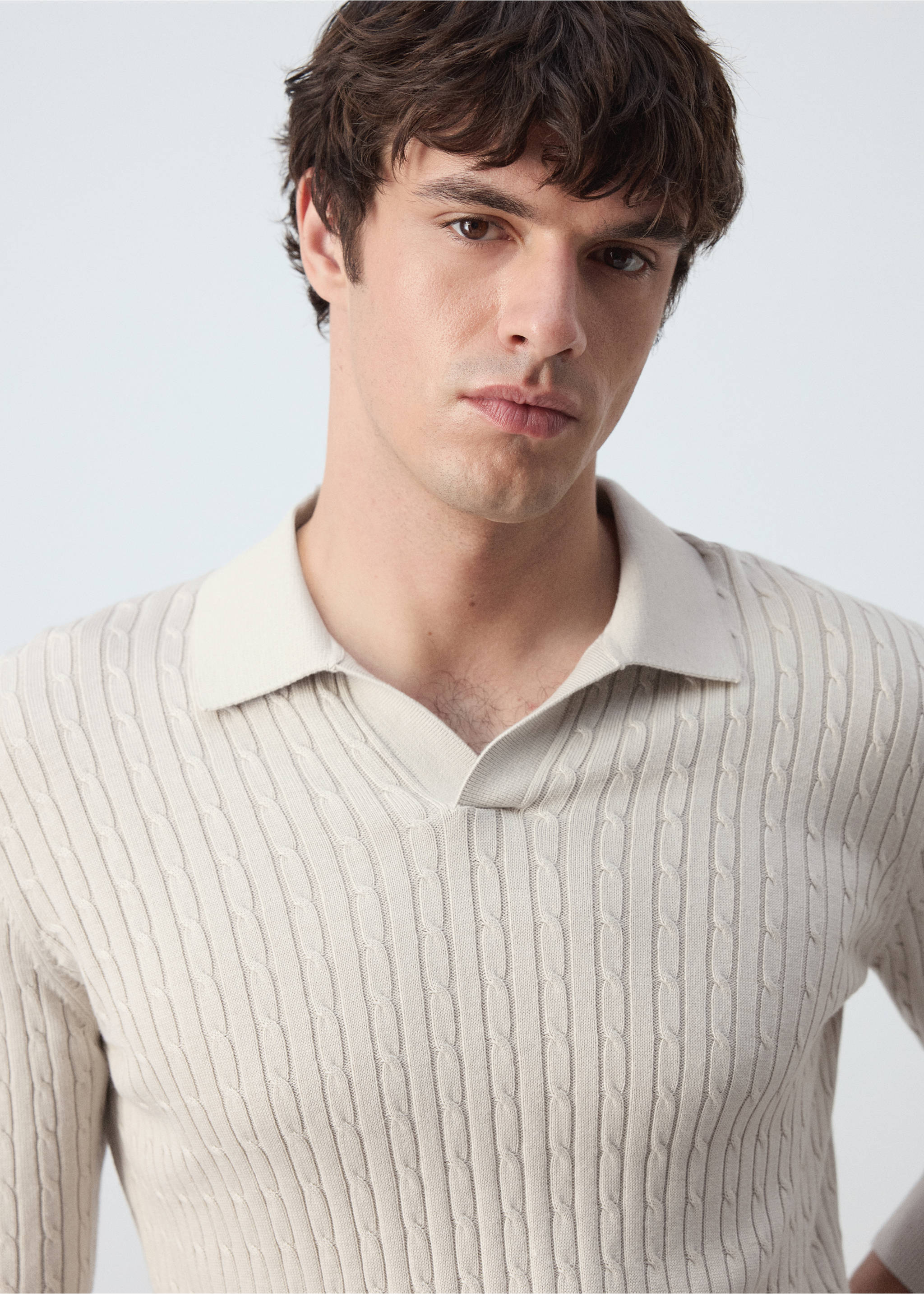 Cotton and lyocell blend polo shirt with cable-knit texture - Details of the article 1, Light/Pastel Grey. Ref: 37025982-00.