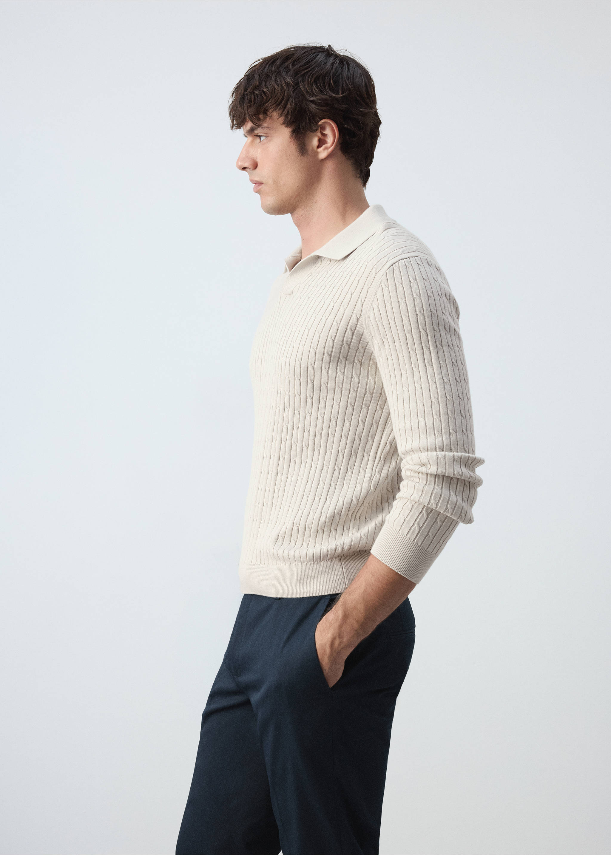 Cotton and lyocell blend polo shirt with cable-knit texture - Details of the article 2, Light/Pastel Grey. Ref: 37025982-00.