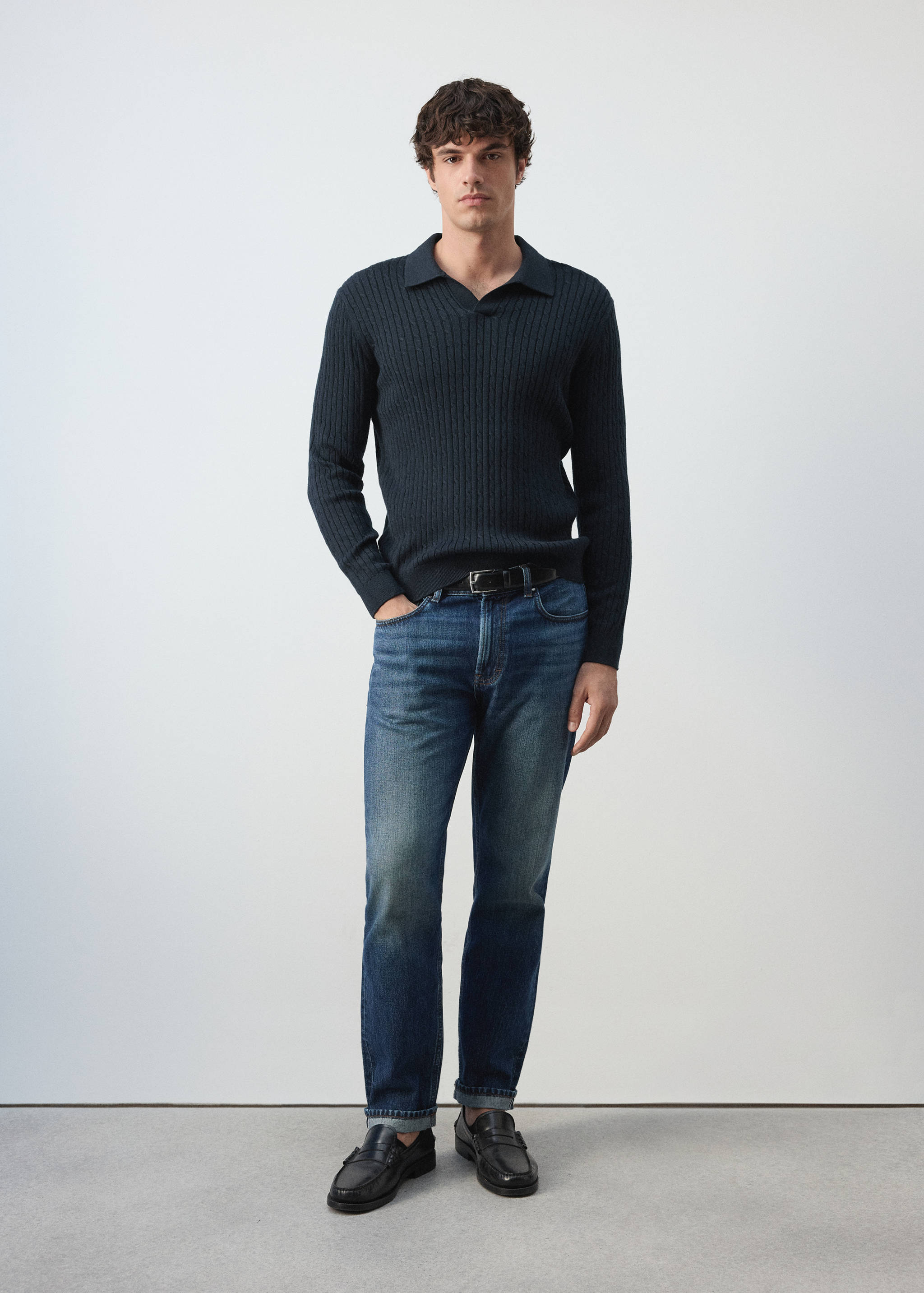 Cotton and lyocell blend polo shirt with cable-knit texture - General plane