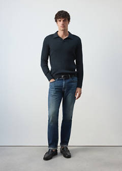 Cotton and lyocell blend polo shirt with cable-knit texture — Navy 2