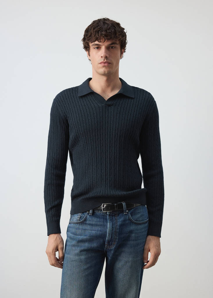 Cotton and lyocell blend polo shirt with cable-knit texture - thumbnail 2