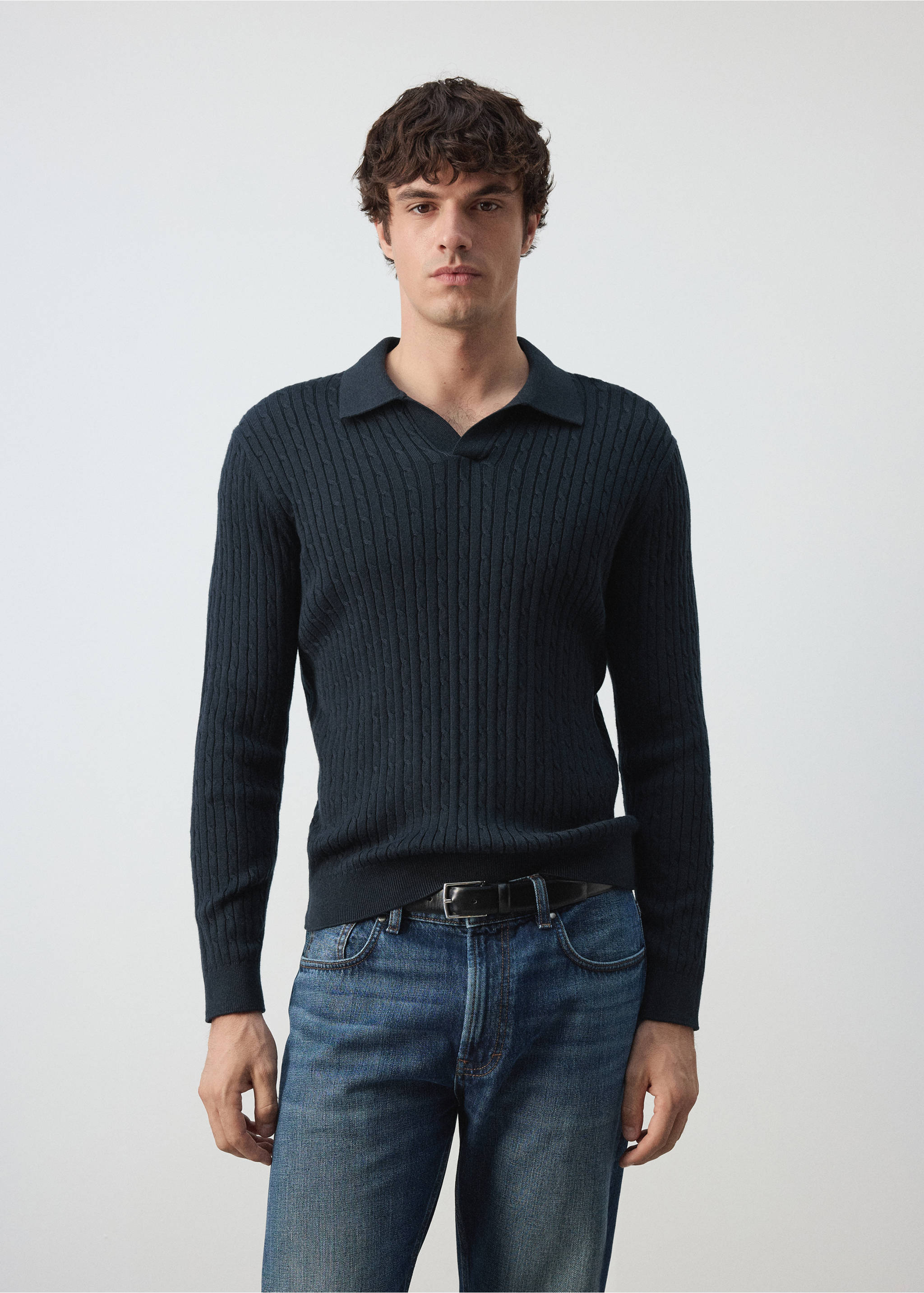 Cotton and lyocell blend polo shirt with cable-knit texture - Medium plane, Navy. Ref: 37025982-00.
