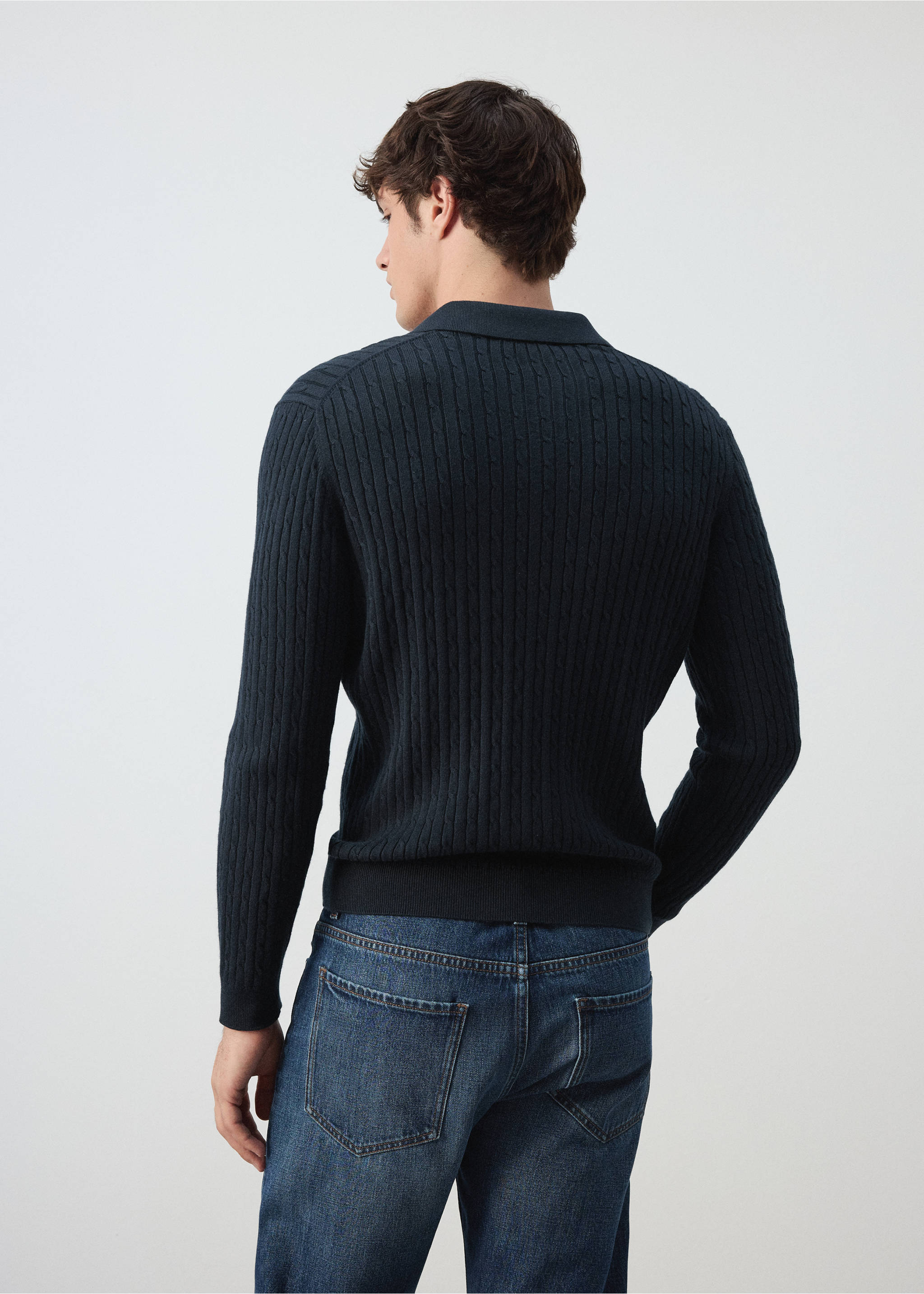 Cotton and lyocell blend polo shirt with cable-knit texture - Reverse of the article, Navy. Ref: 37025982-00.