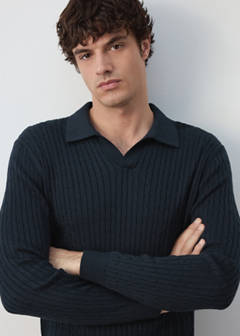 Cotton and lyocell blend polo shirt with cable-knit texture — Navy 4