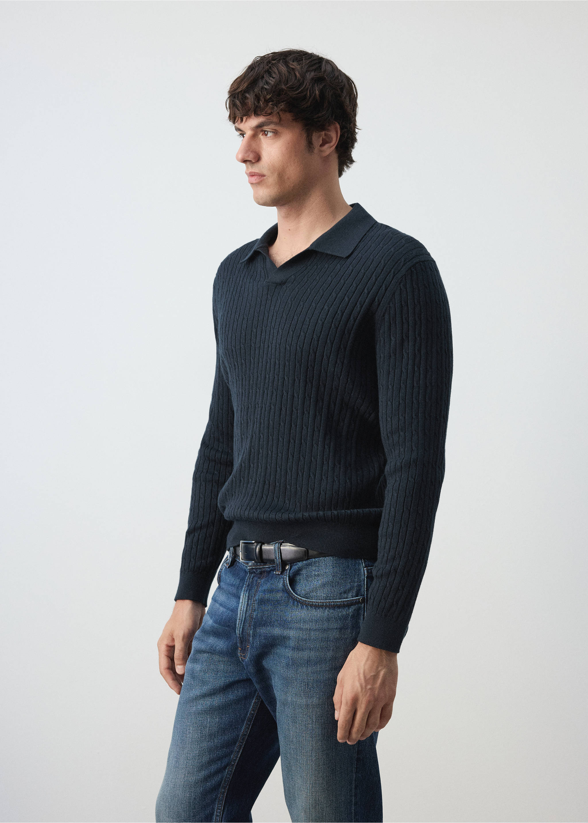 Cotton and lyocell blend polo shirt with cable-knit texture - Details of the article 2, Navy. Ref: 37025982-00.