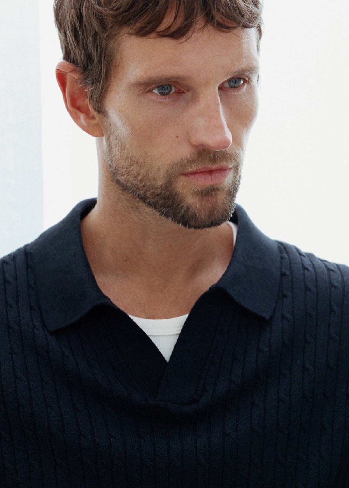 Cotton and lyocell blend polo shirt with cable-knit texture — Navy