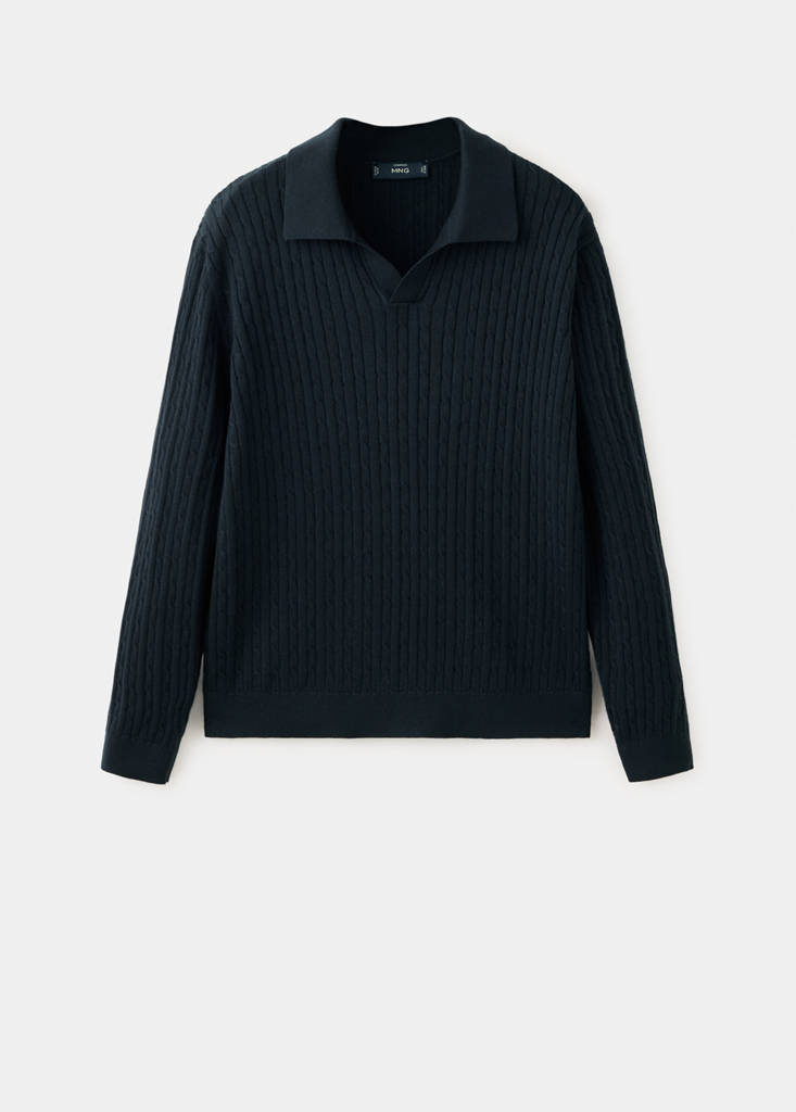 Cotton and lyocell blend polo shirt with cable-knit texture - thumbnail 4