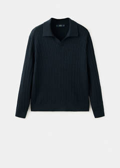 Cotton and lyocell blend polo shirt with cable-knit texture — Navy 7