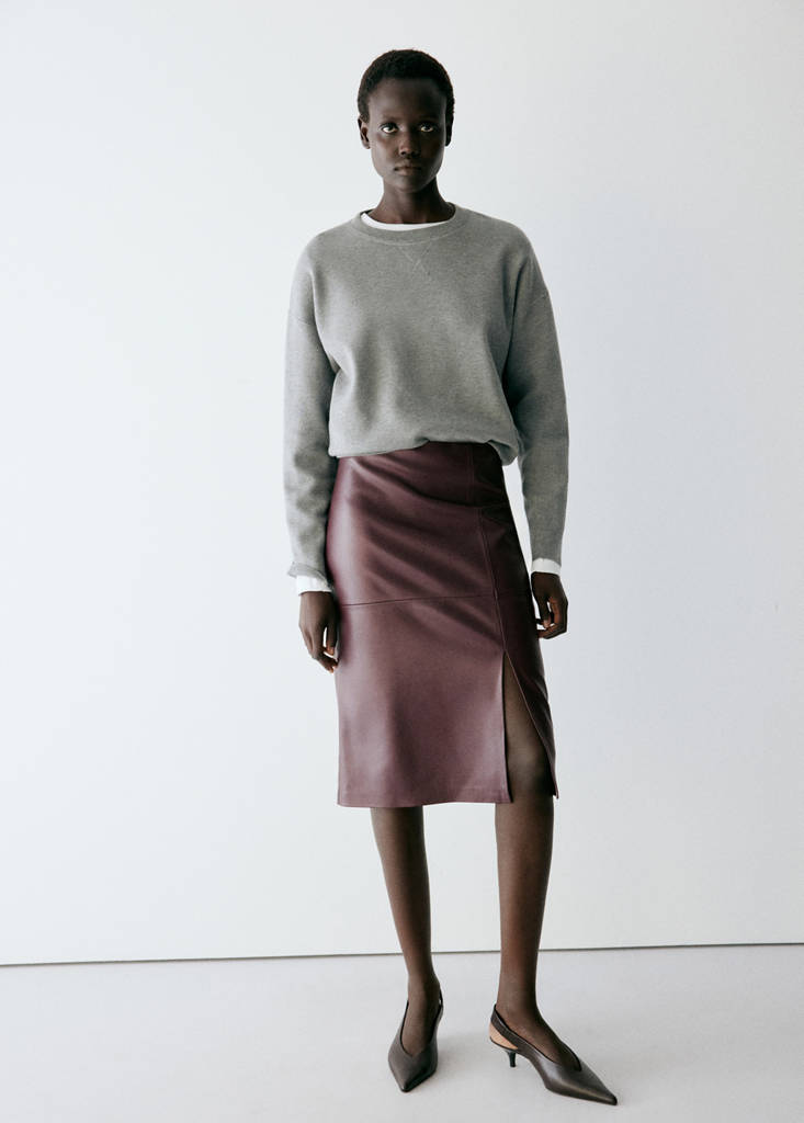 Straight leather-look skirt — Burgundy
