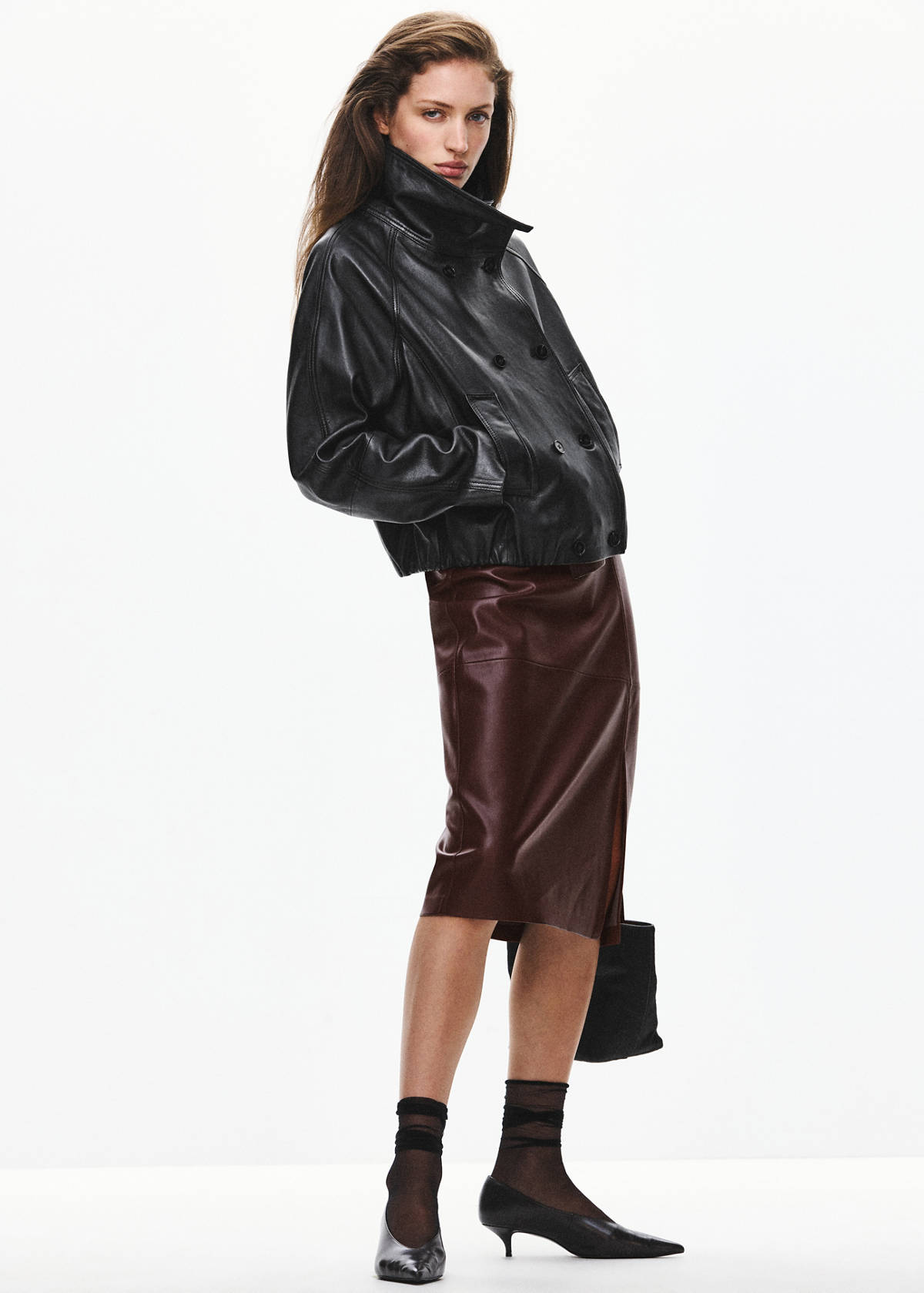 Straight leather-look skirt — Burgundy