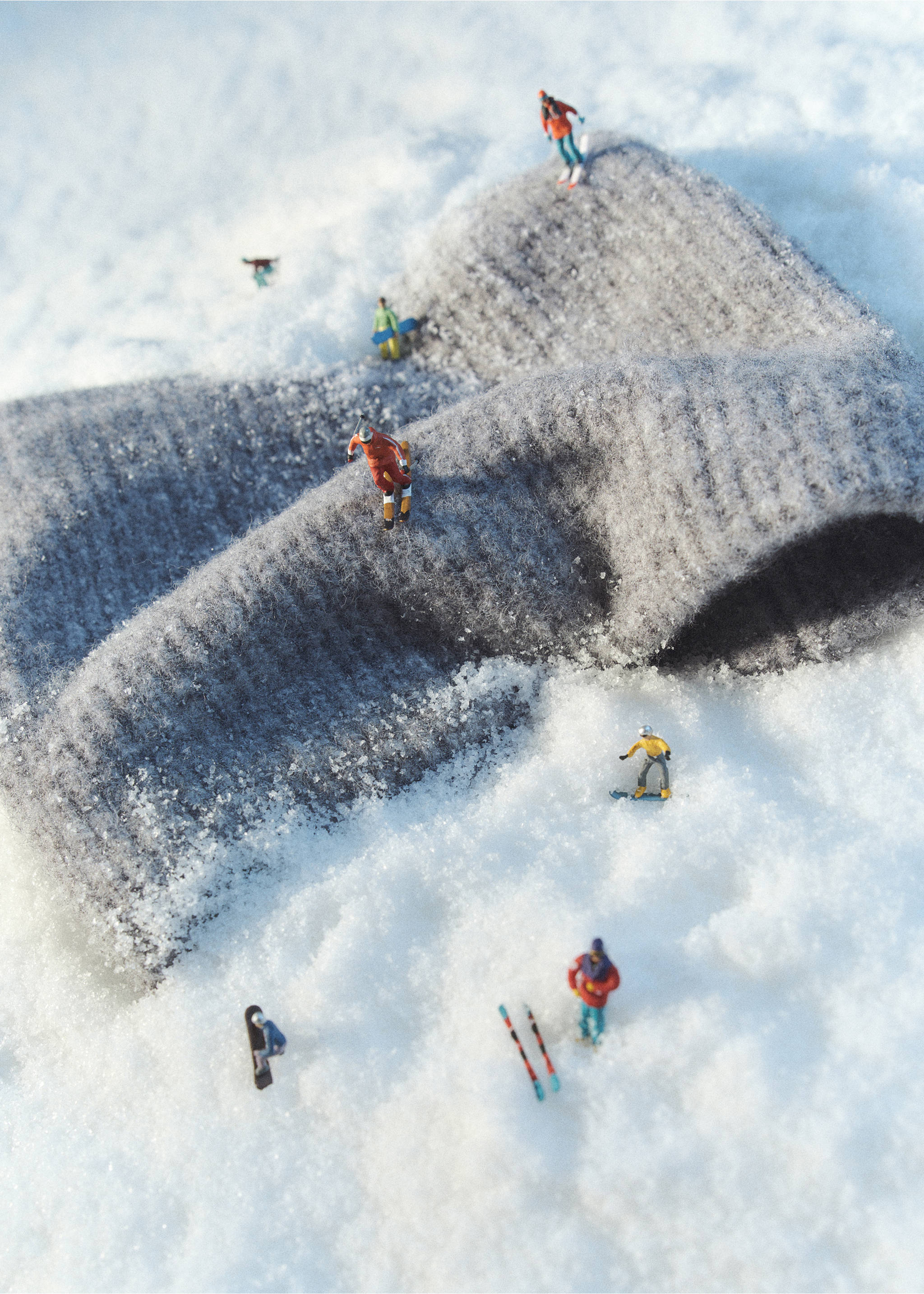 Grey knitted scarf styled as a snowy mountain landscape with miniature skiers., Grey. Ref: 37025996-00.