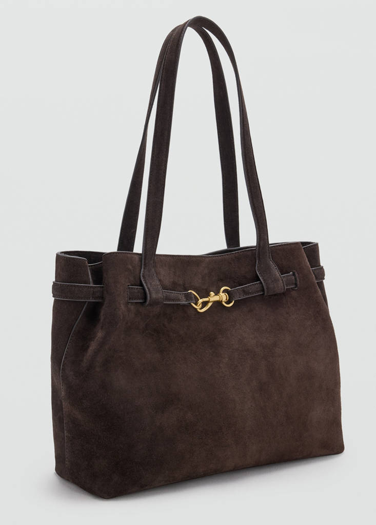 Suede shopper bag with buckle detail — Chocolate