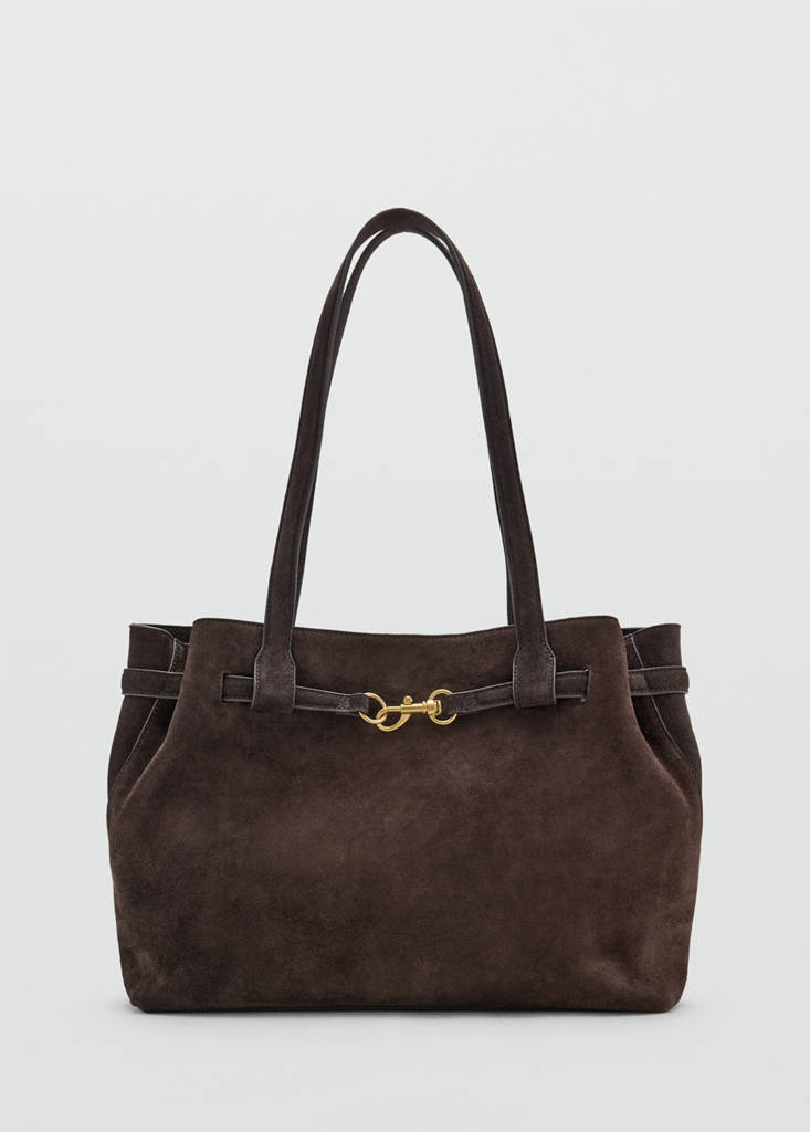 Suede shopper bag with buckle detail — Chocolate